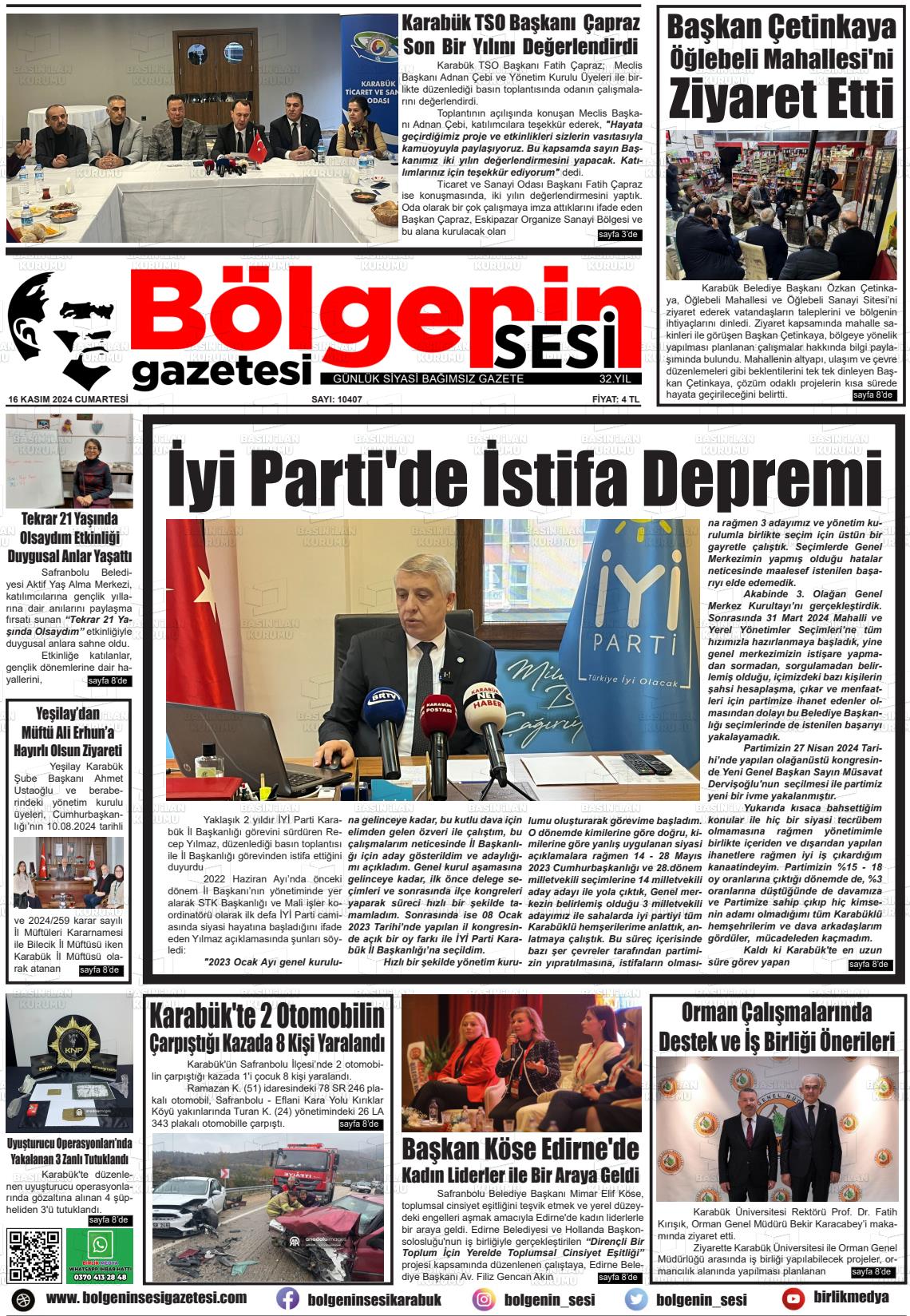 16 Kasım 2024 Bölgenin Sesi Gazete Manşeti