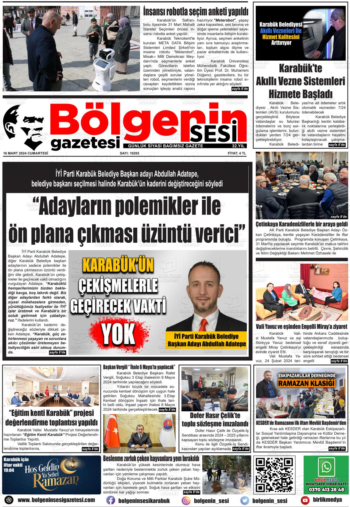 16 Mart 2024 Bölgenin Sesi Gazete Manşeti