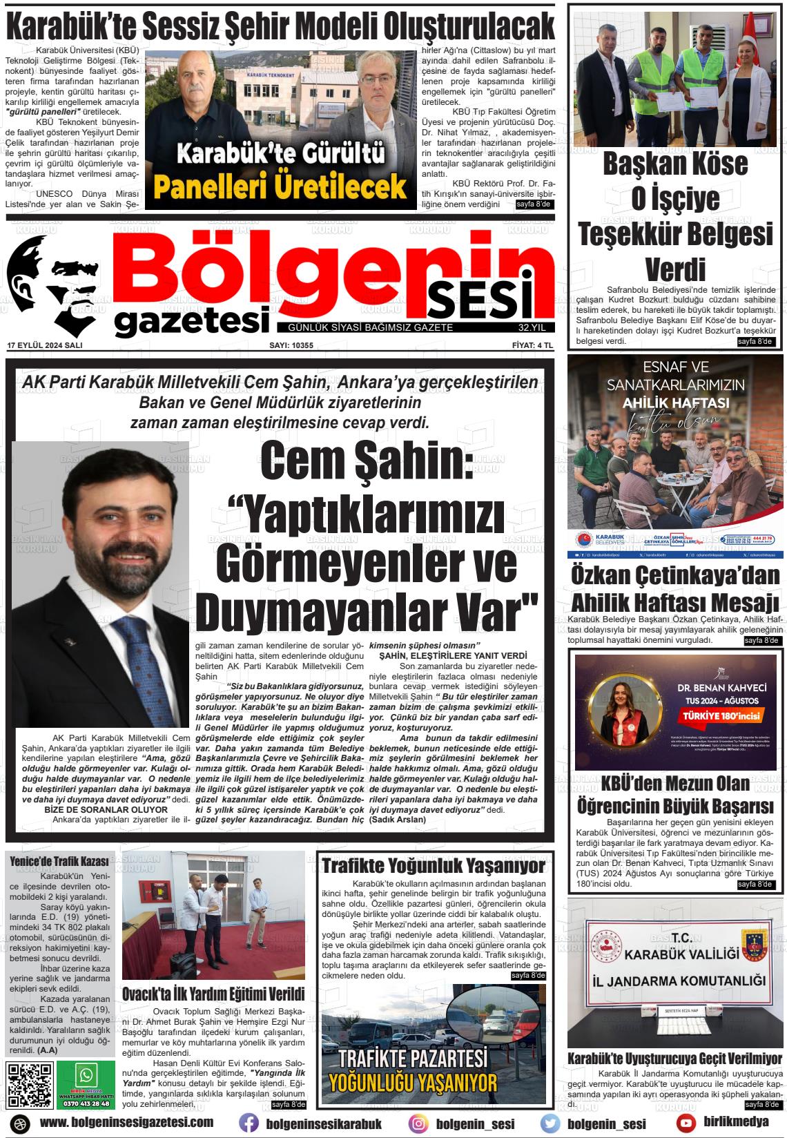 17 Eylül 2024 Bölgenin Sesi Gazete Manşeti