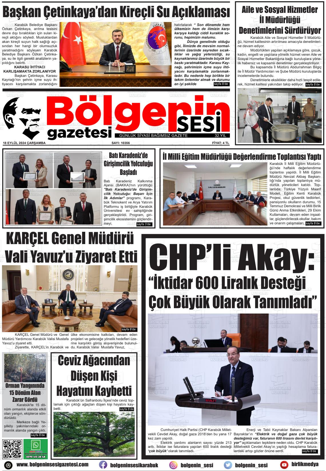 18 Eylül 2024 Bölgenin Sesi Gazete Manşeti