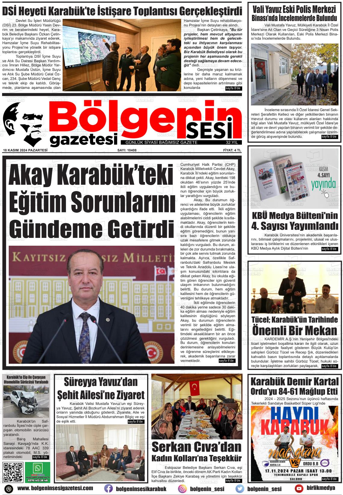 18 Kasım 2024 Bölgenin Sesi Gazete Manşeti