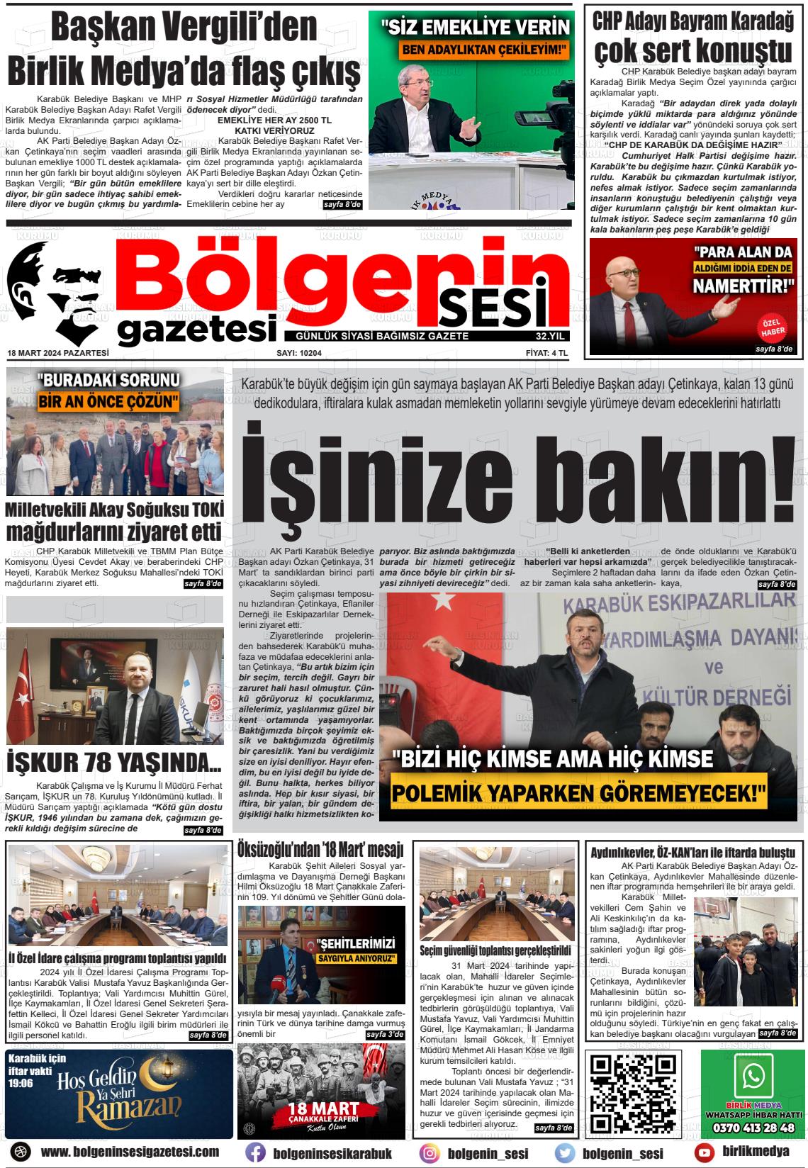 18 Mart 2024 Bölgenin Sesi Gazete Manşeti