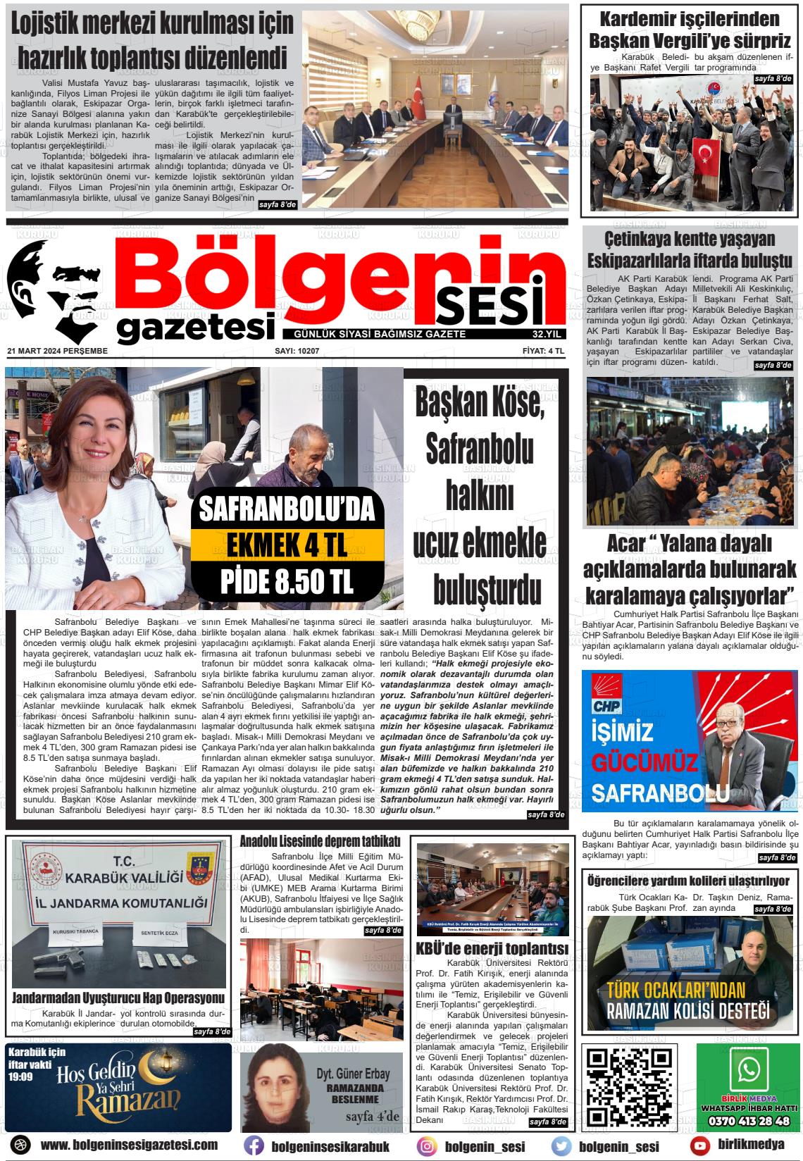 21 Mart 2024 Bölgenin Sesi Gazete Manşeti