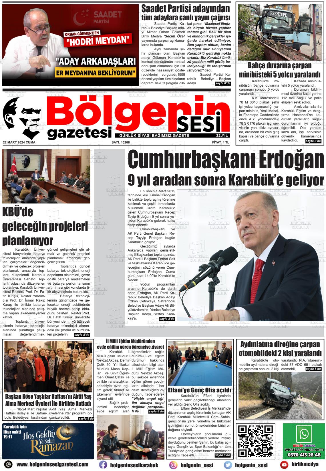 22 Mart 2024 Bölgenin Sesi Gazete Manşeti