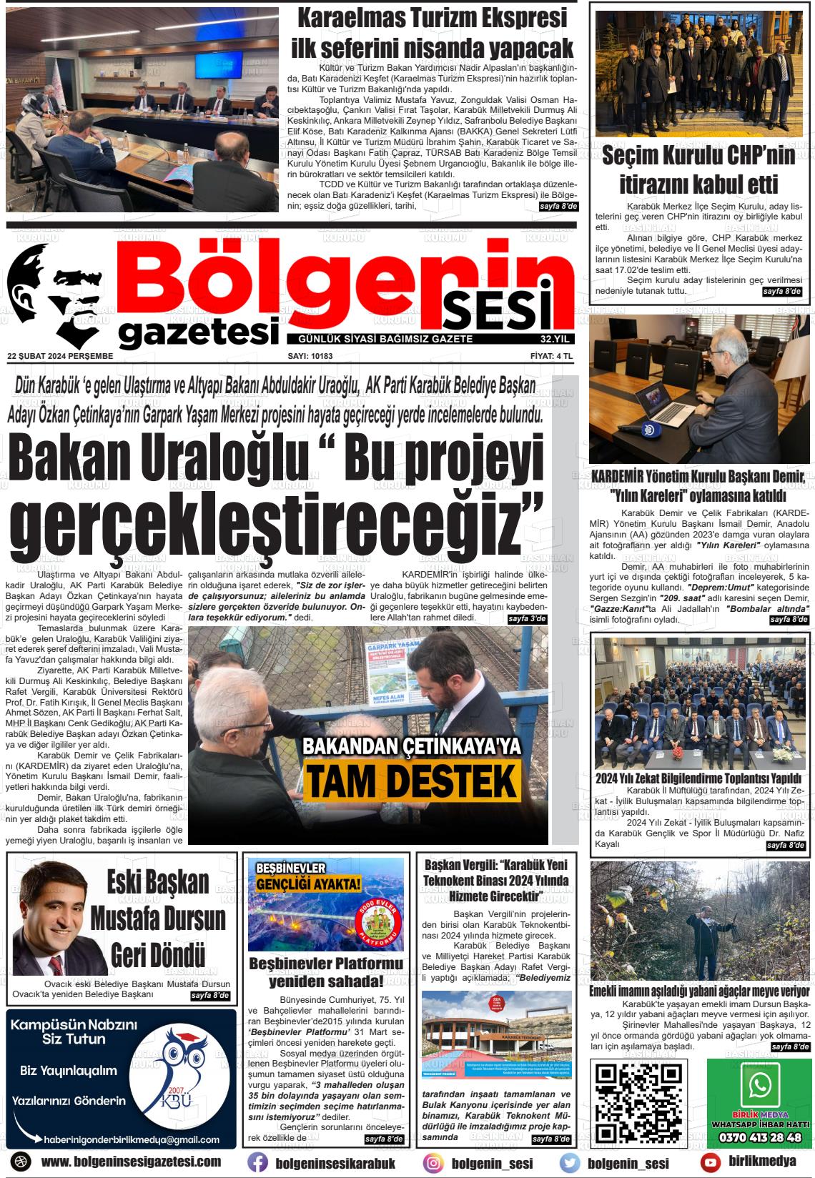 22 Şubat 2024 Bölgenin Sesi Gazete Manşeti