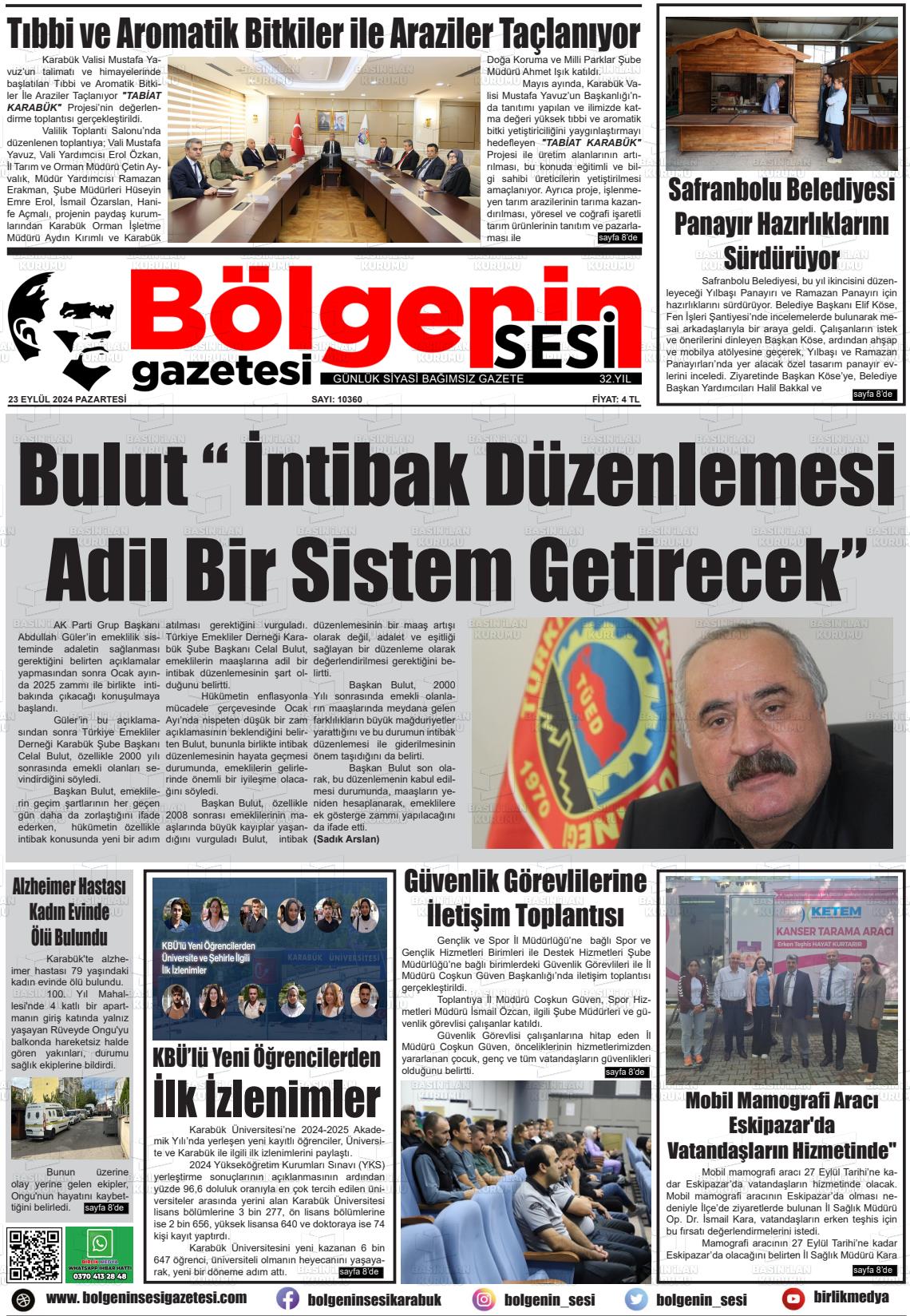 23 Eylül 2024 Bölgenin Sesi Gazete Manşeti