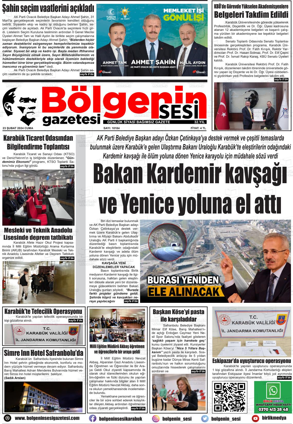 23 Şubat 2024 Bölgenin Sesi Gazete Manşeti