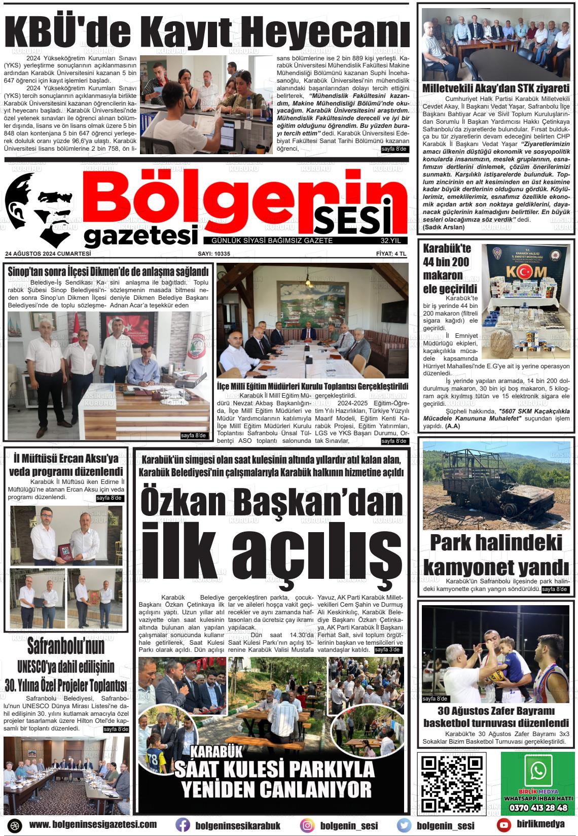 24 Ağustos 2024 Bölgenin Sesi Gazete Manşeti