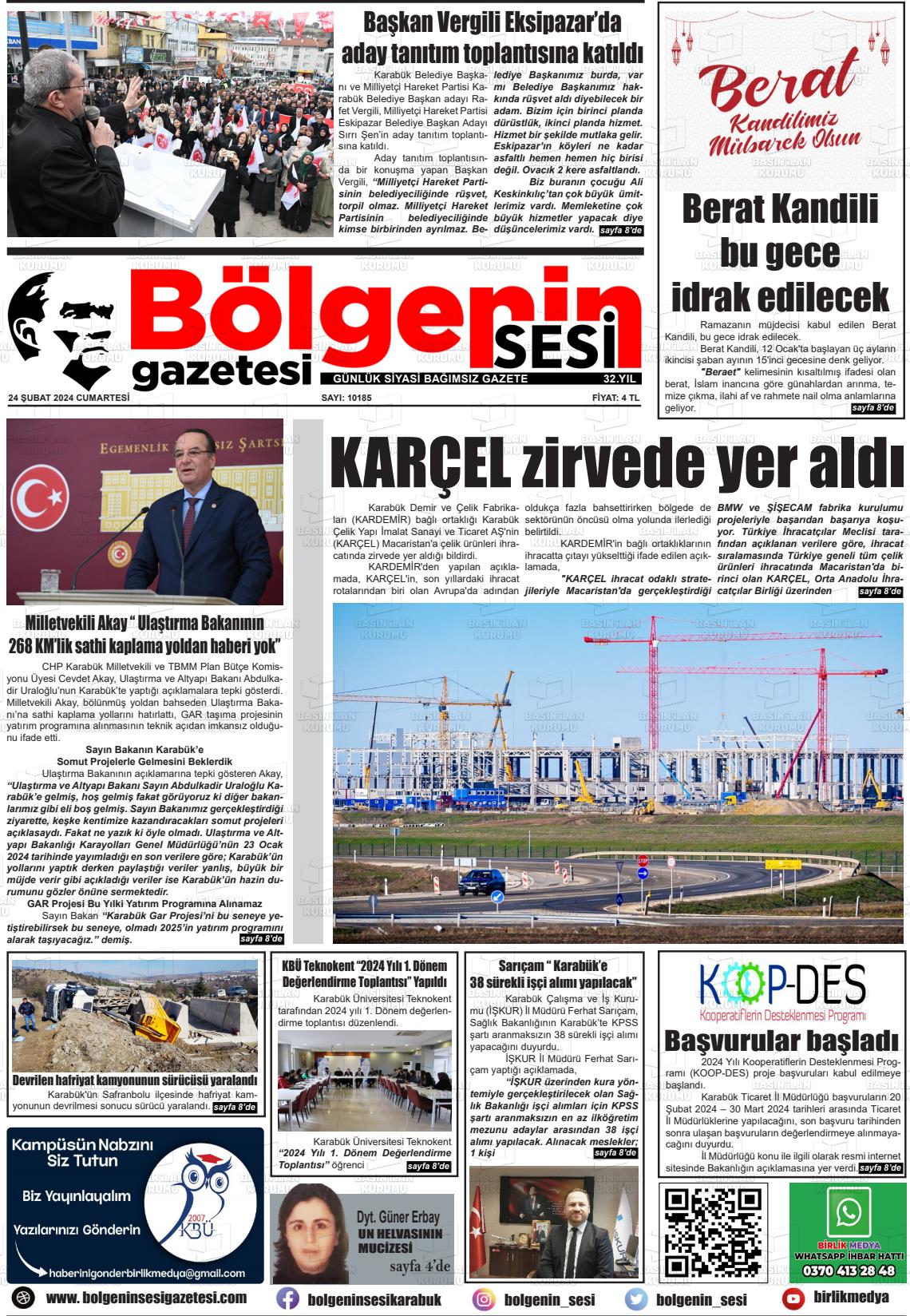 24 Şubat 2024 Bölgenin Sesi Gazete Manşeti