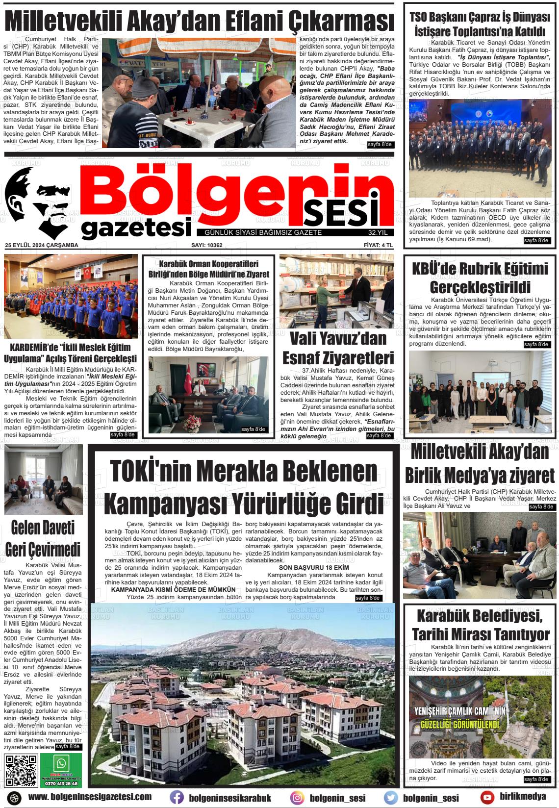 25 Eylül 2024 Bölgenin Sesi Gazete Manşeti