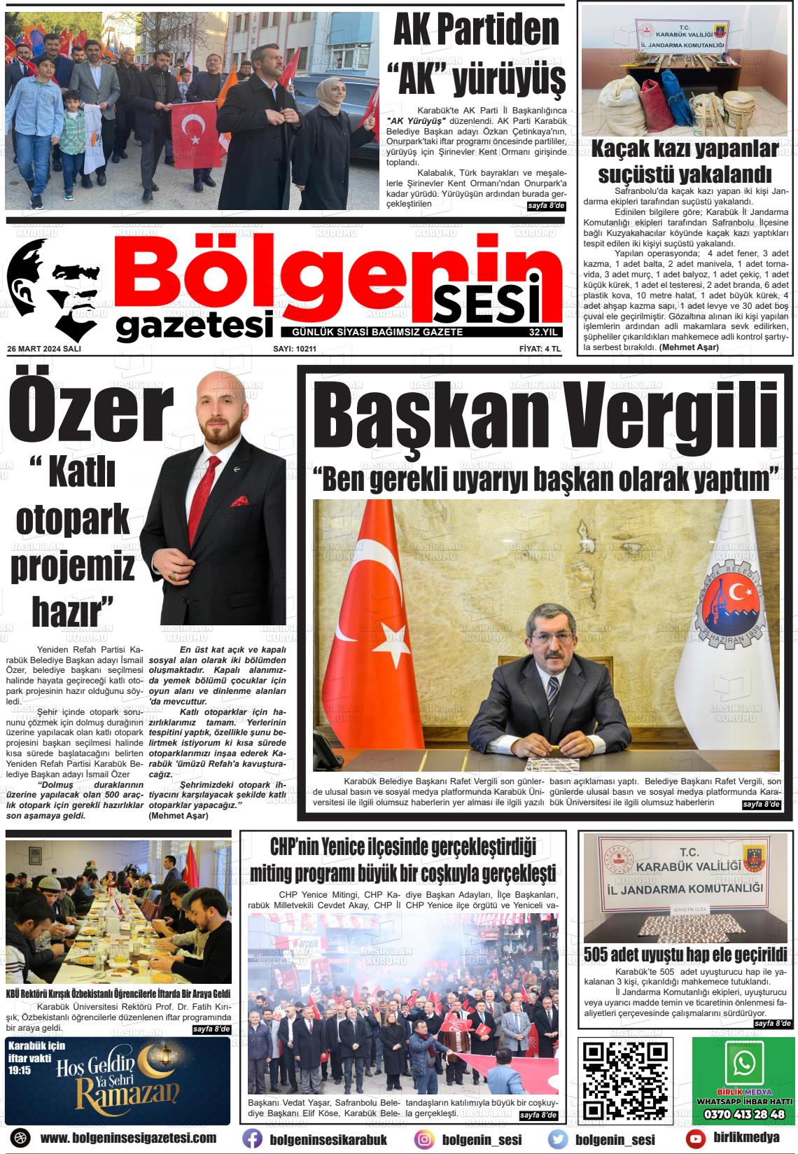 26 Mart 2024 Bölgenin Sesi Gazete Manşeti