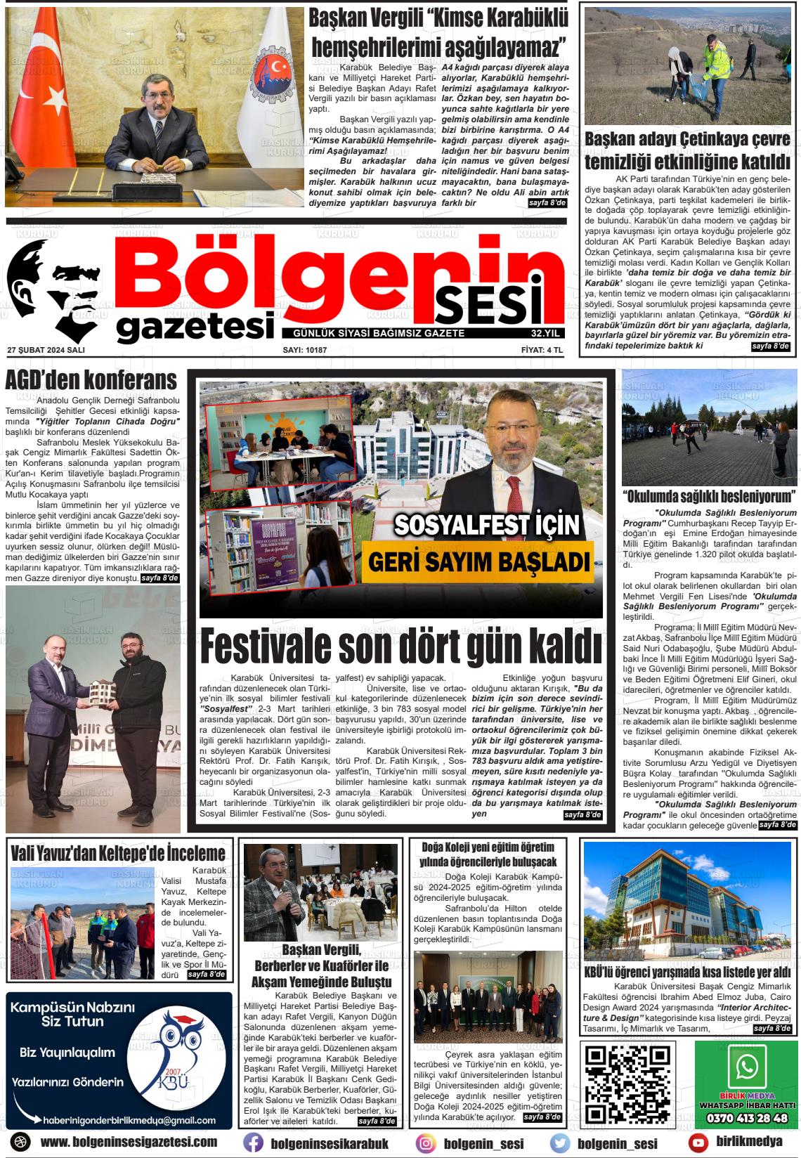 27 Şubat 2024 Bölgenin Sesi Gazete Manşeti