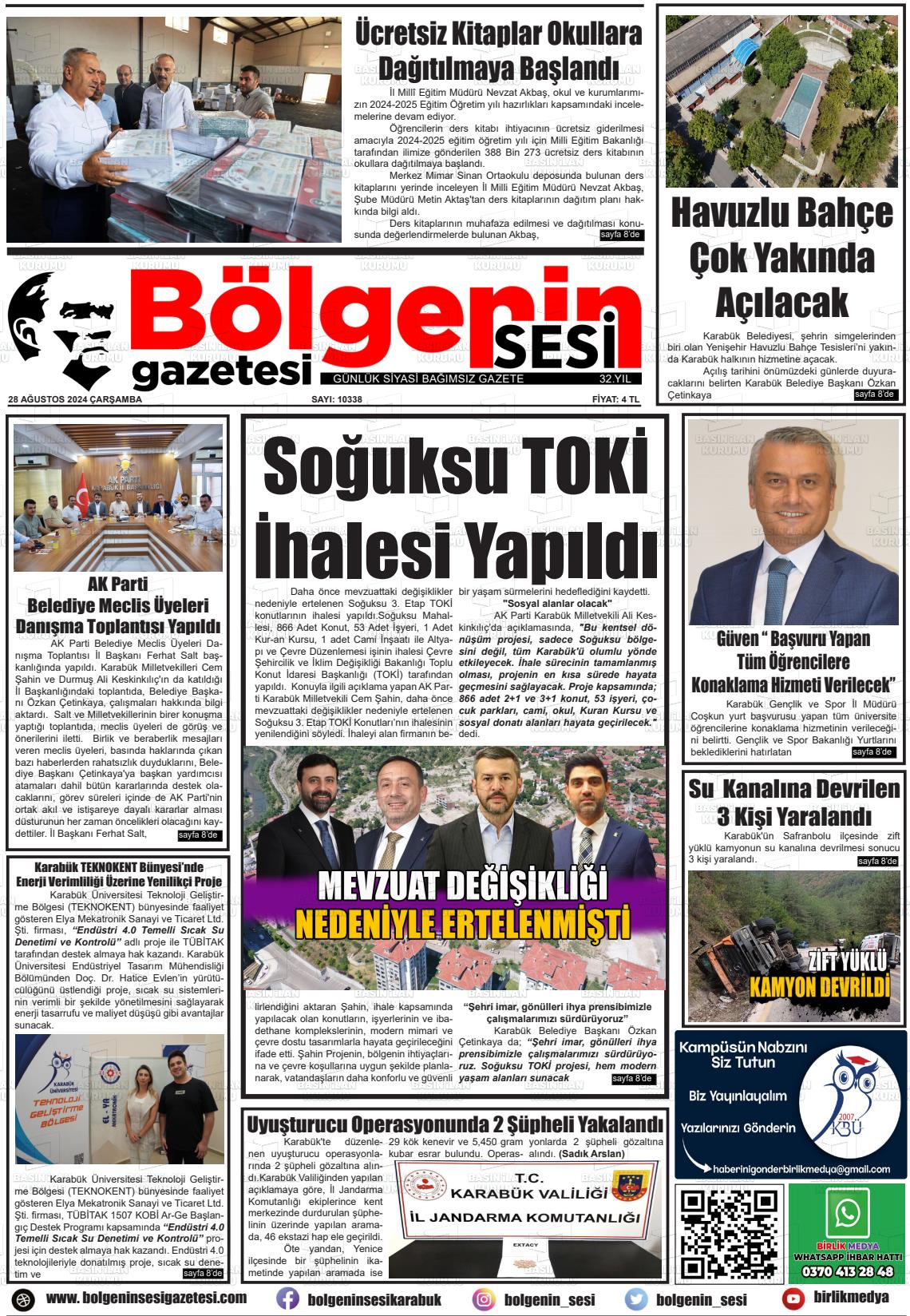 28 Ağustos 2024 Bölgenin Sesi Gazete Manşeti