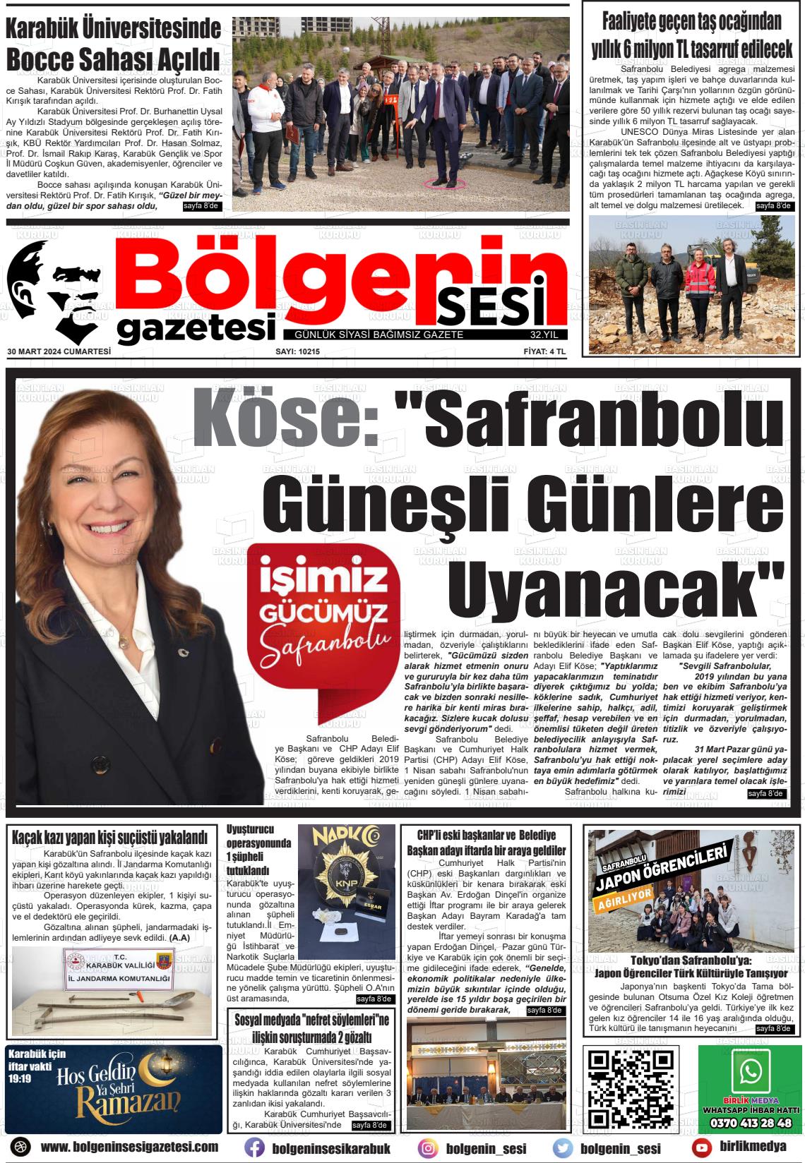 30 Mart 2024 Bölgenin Sesi Gazete Manşeti