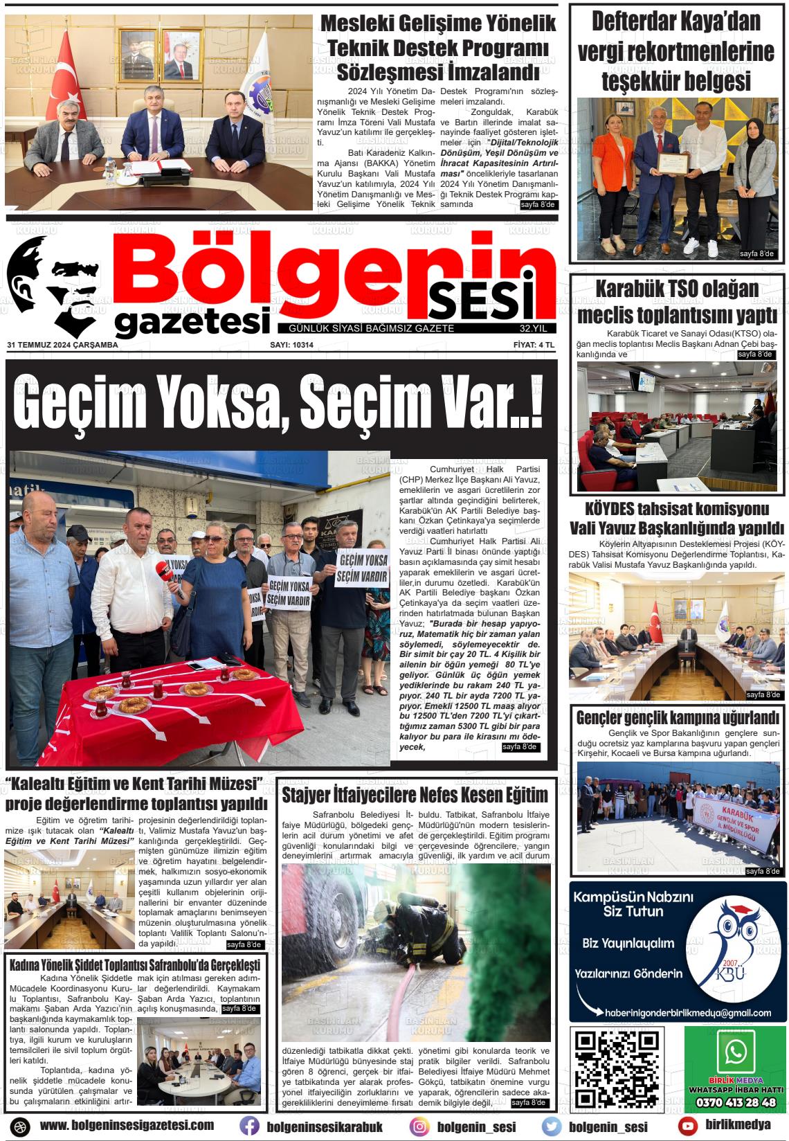 31 Temmuz 2024 Bölgenin Sesi Gazete Manşeti