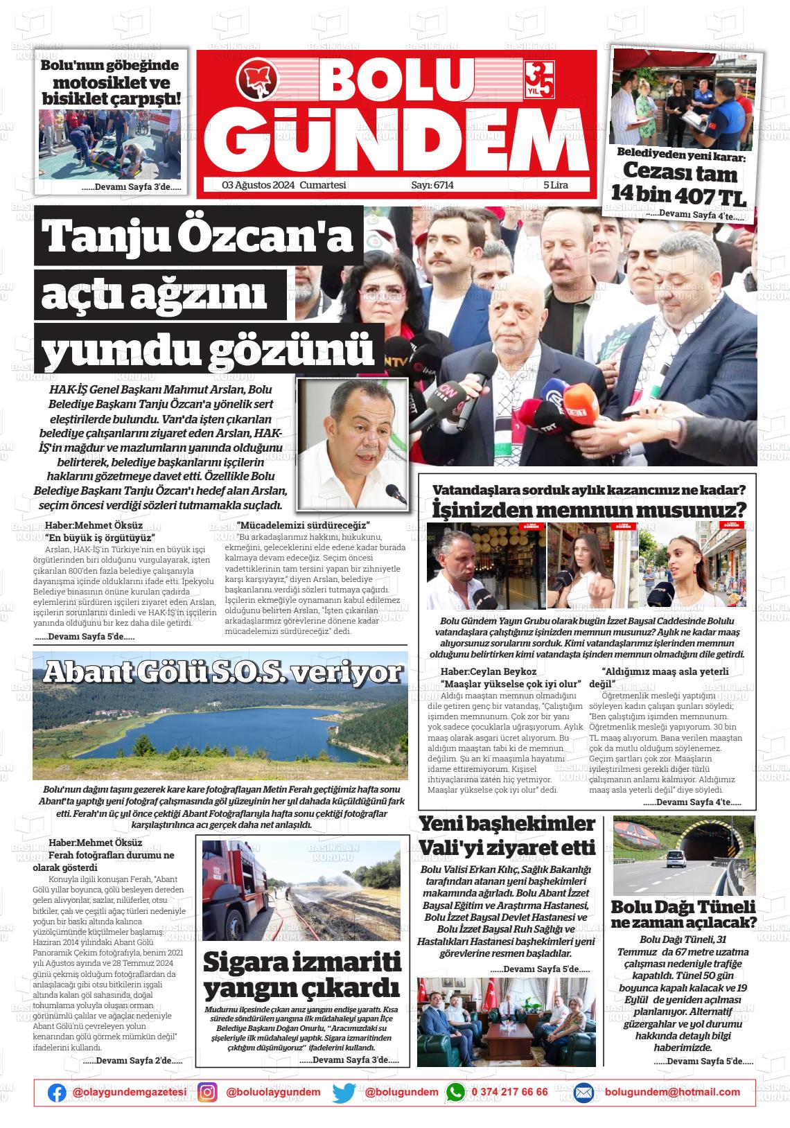 03 Ağustos 2024 Bolu Olay Gazete Manşeti