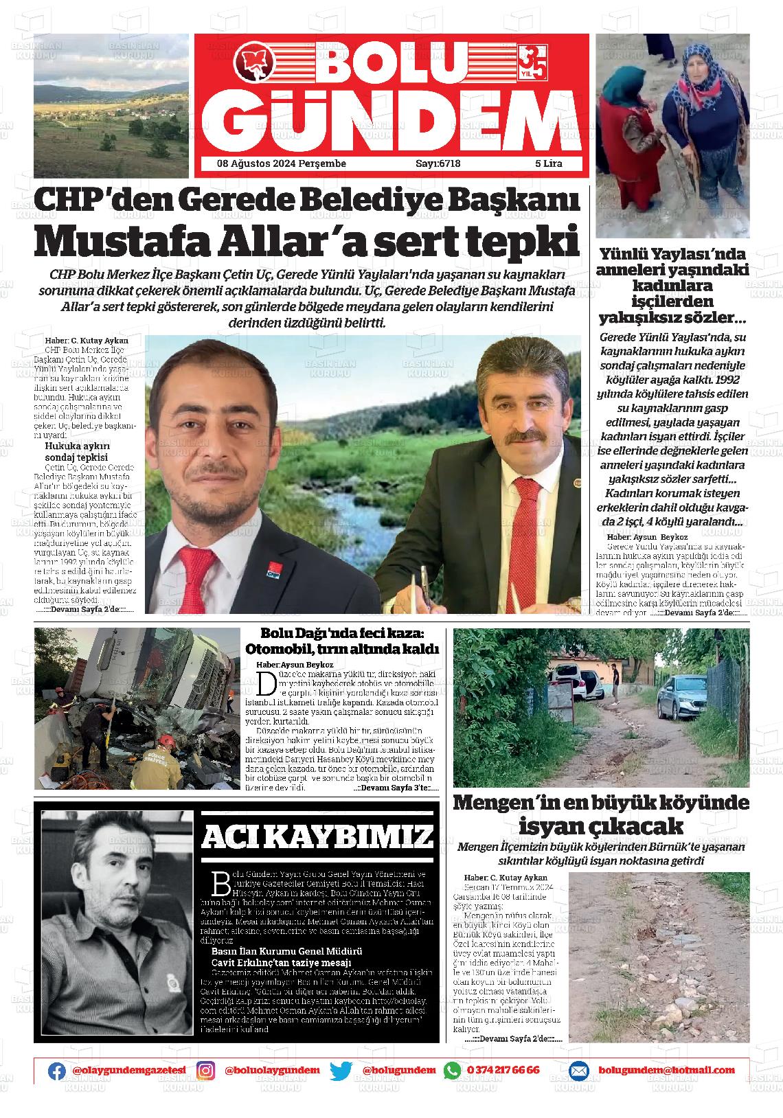 08 Ağustos 2024 Bolu Olay Gazete Manşeti