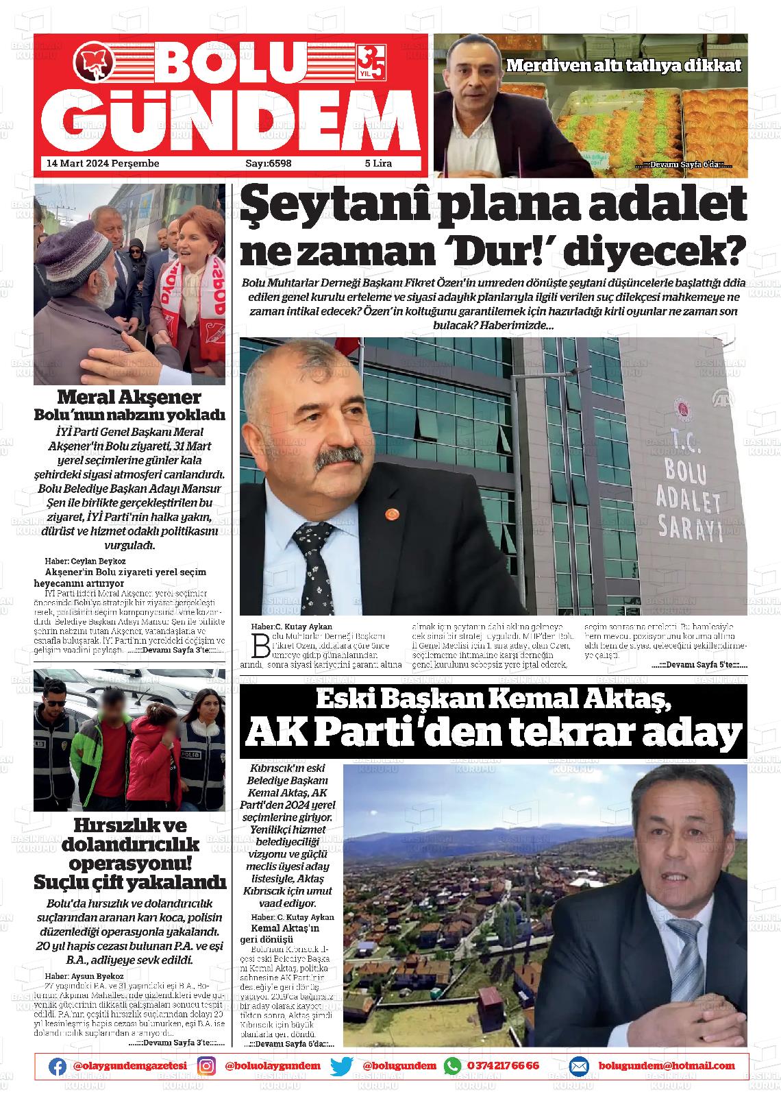 14 Mart 2024 Bolu Olay Gazete Manşeti