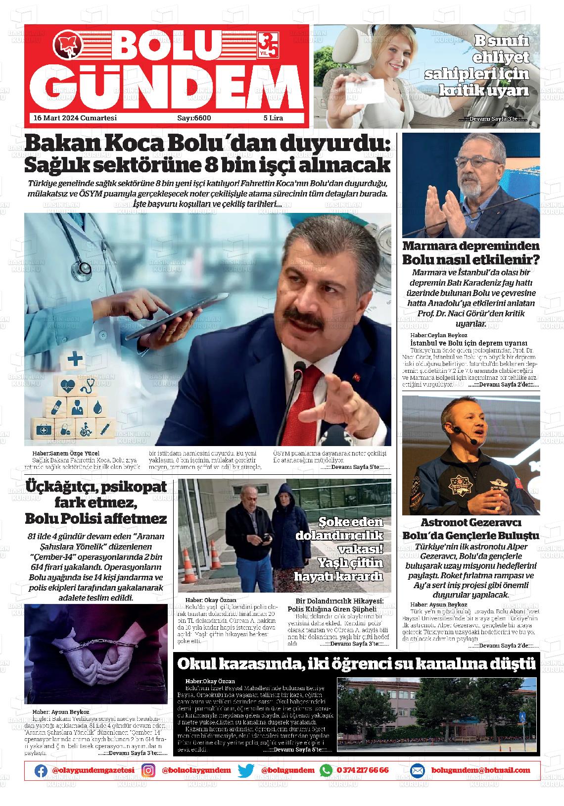 16 Mart 2024 Bolu Olay Gazete Manşeti