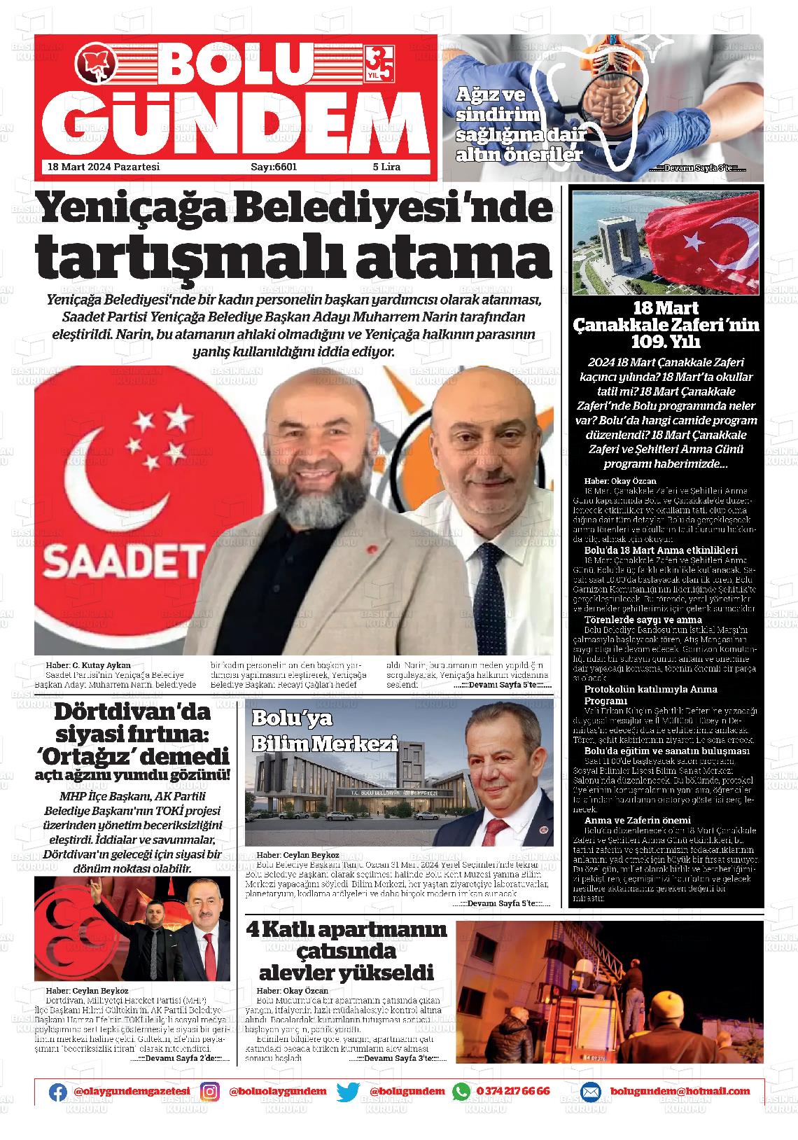 18 Mart 2024 Bolu Olay Gazete Manşeti