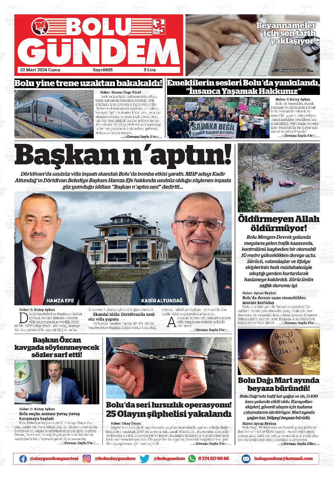 22 Mart 2024 Bolu Olay Gazete Manşeti