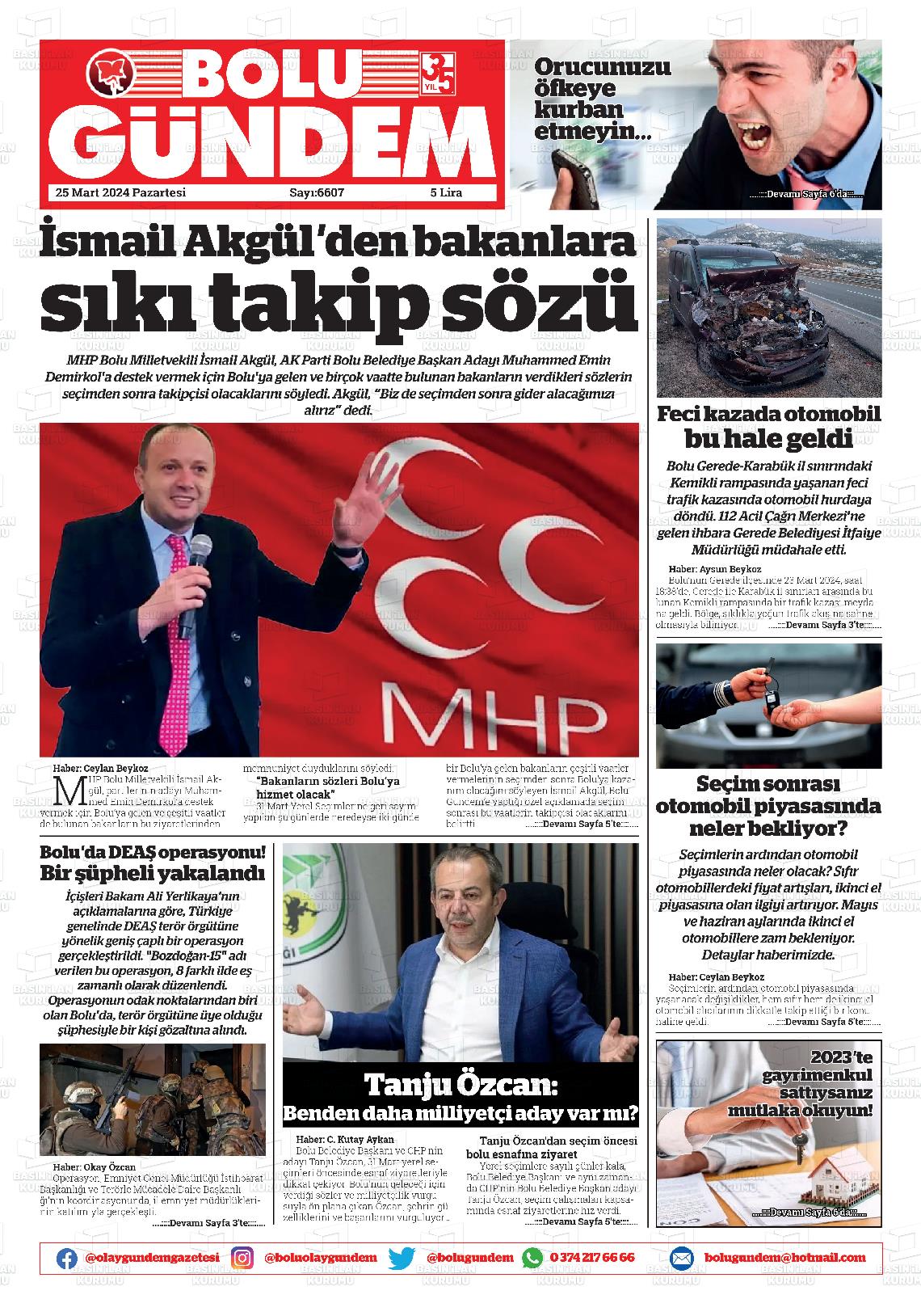 25 Mart 2024 Bolu Olay Gazete Manşeti