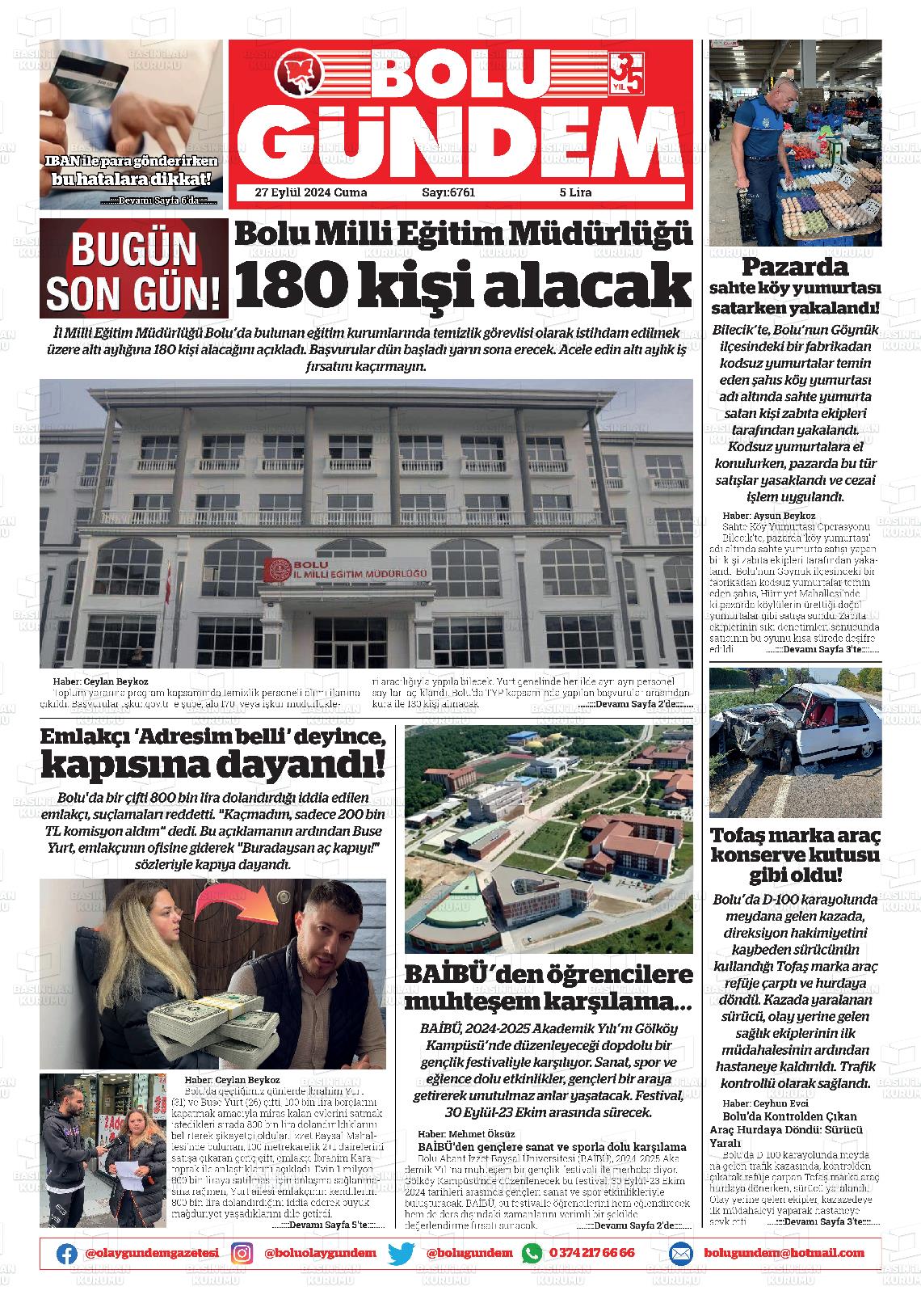 27 Eylül 2024 Bolu Olay Gazete Manşeti