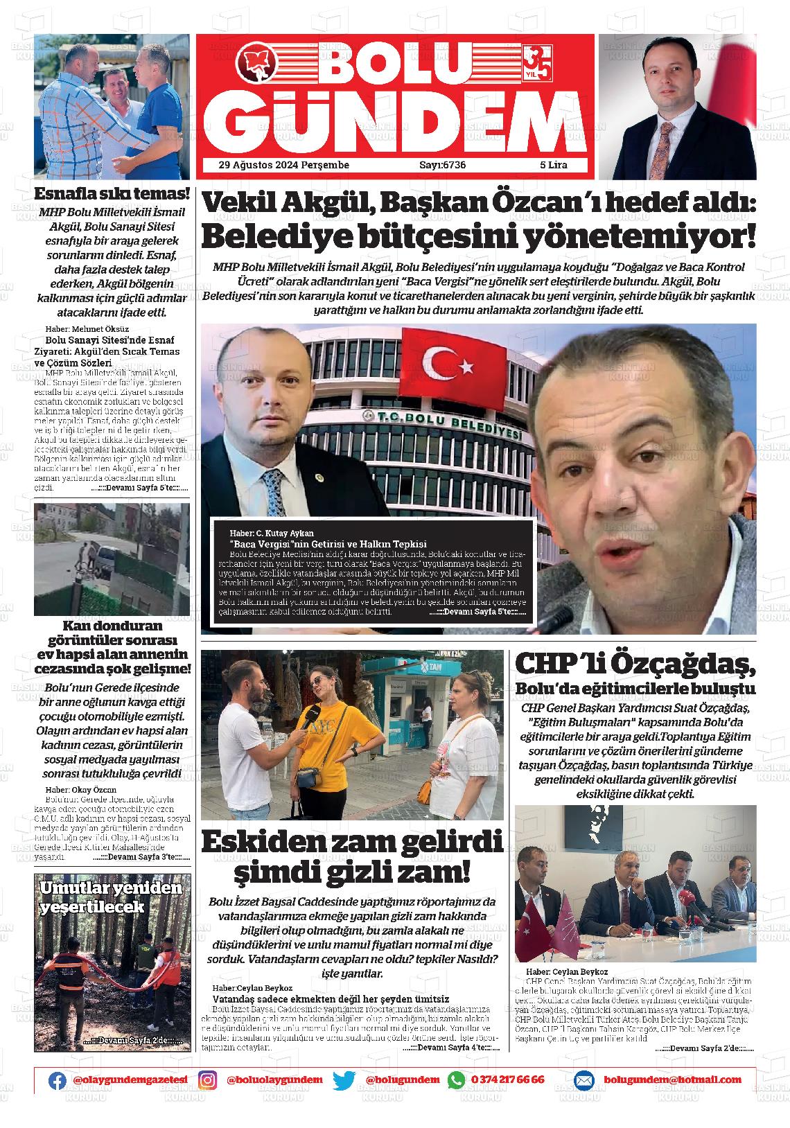 29 Ağustos 2024 Bolu Olay Gazete Manşeti