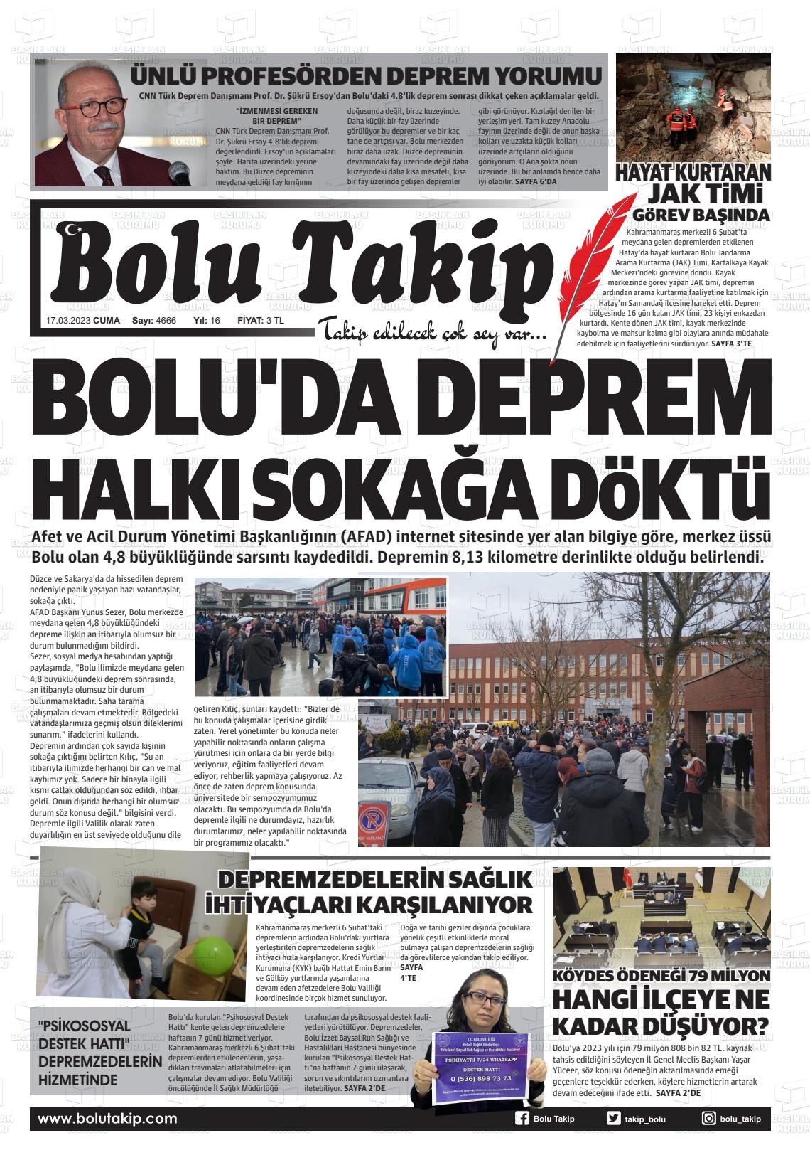 17 Mart 2023 Bolu Takip Gazete Manşeti