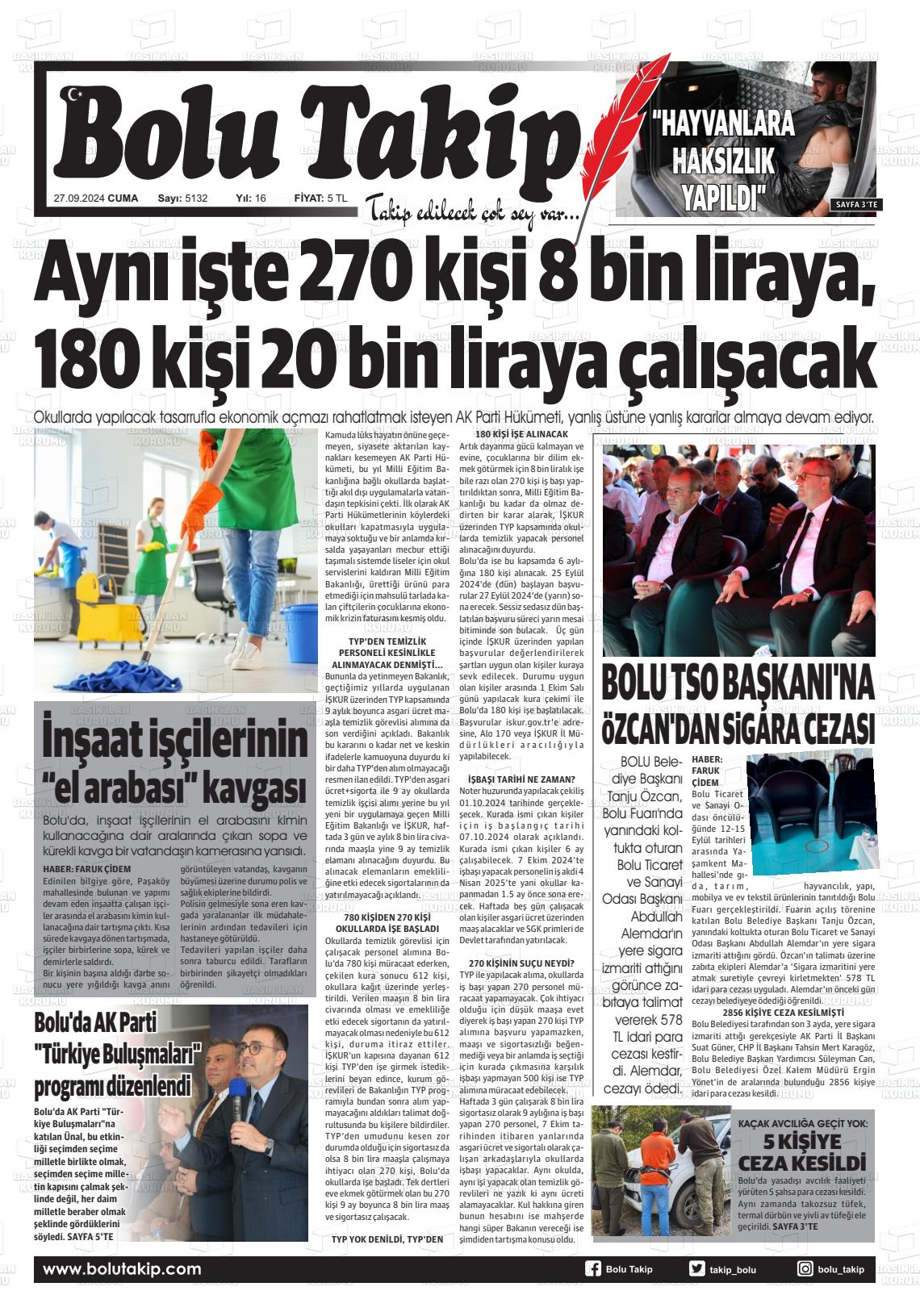 27 Eylül 2024 Bolu Takip Gazete Manşeti