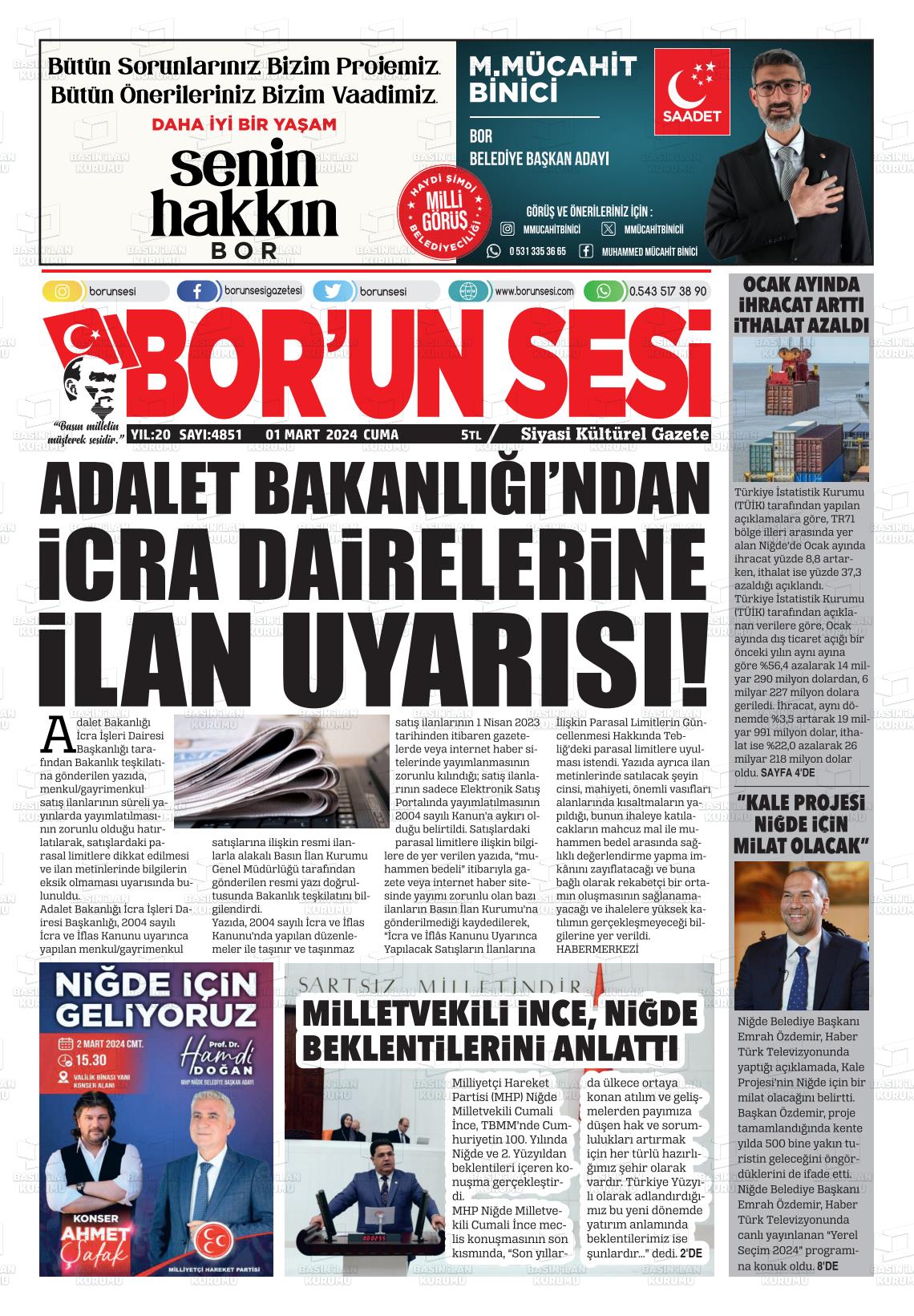 01 Mart 2024 Bor'un Sesi Gazete Manşeti