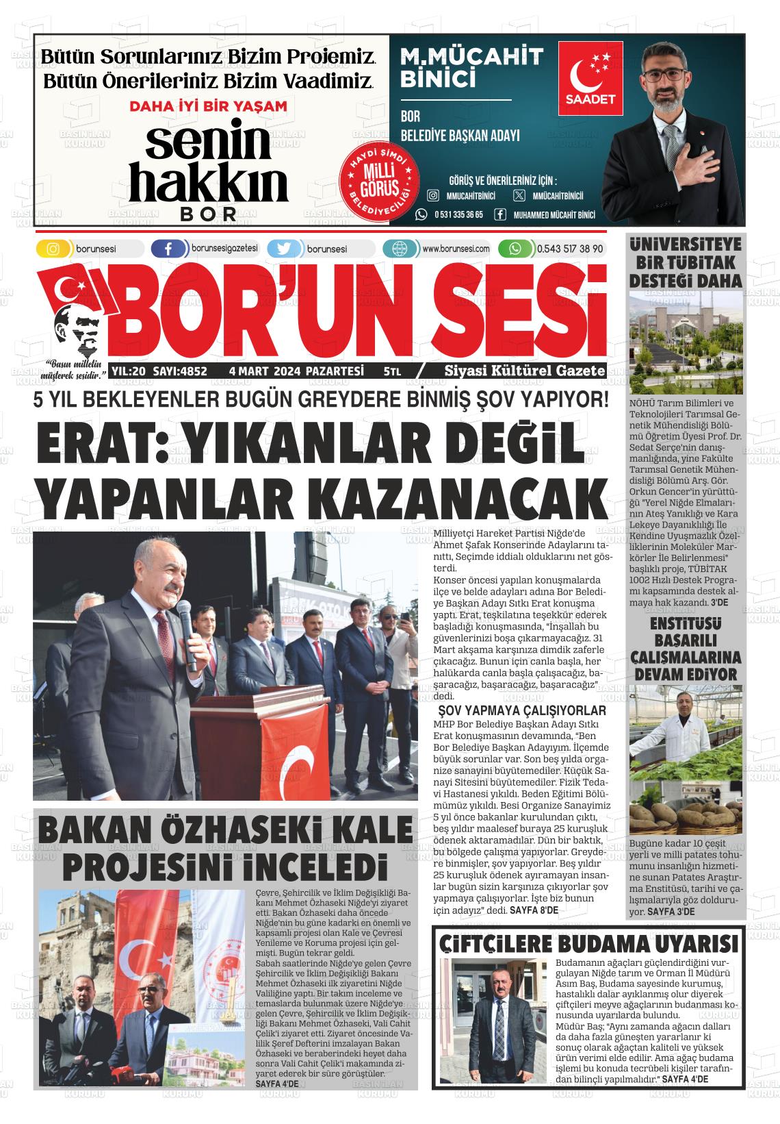 04 Mart 2024 Bor'un Sesi Gazete Manşeti