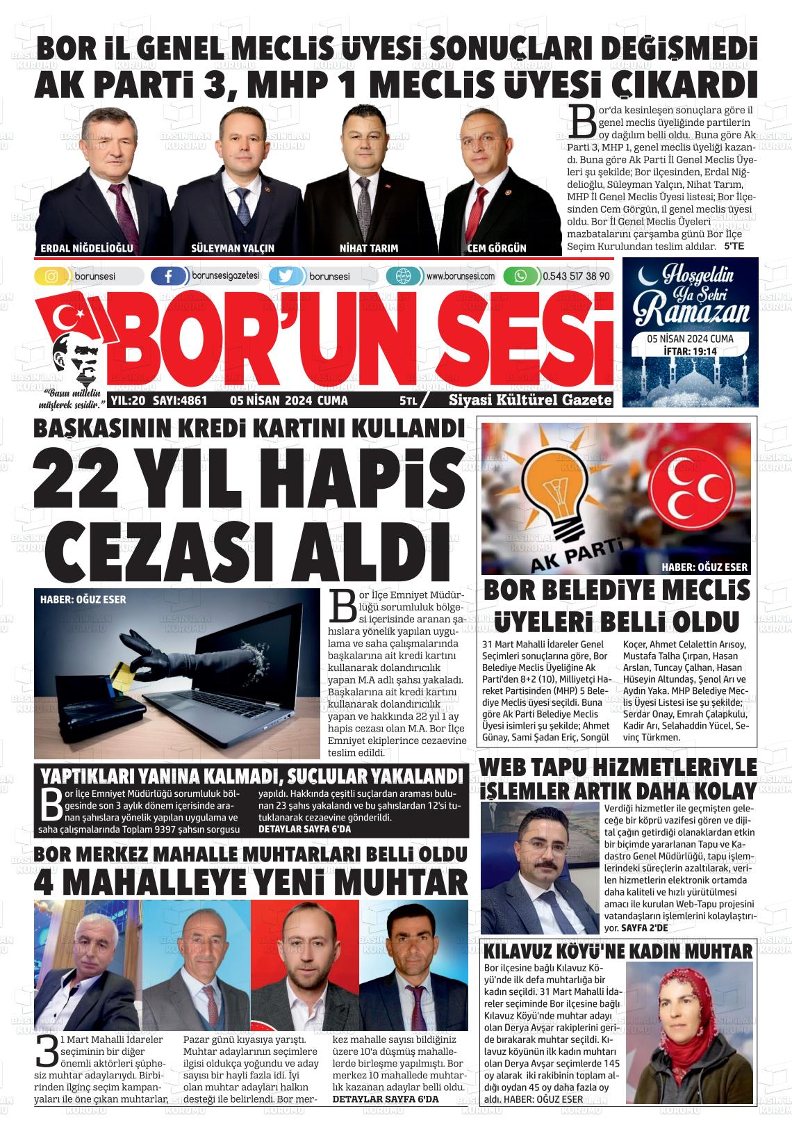 05 Nisan 2024 Bor'un Sesi Gazete Manşeti