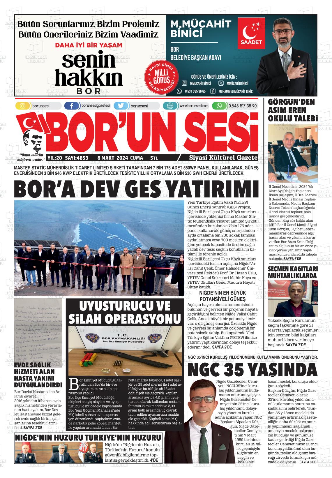 08 Mart 2024 Bor'un Sesi Gazete Manşeti