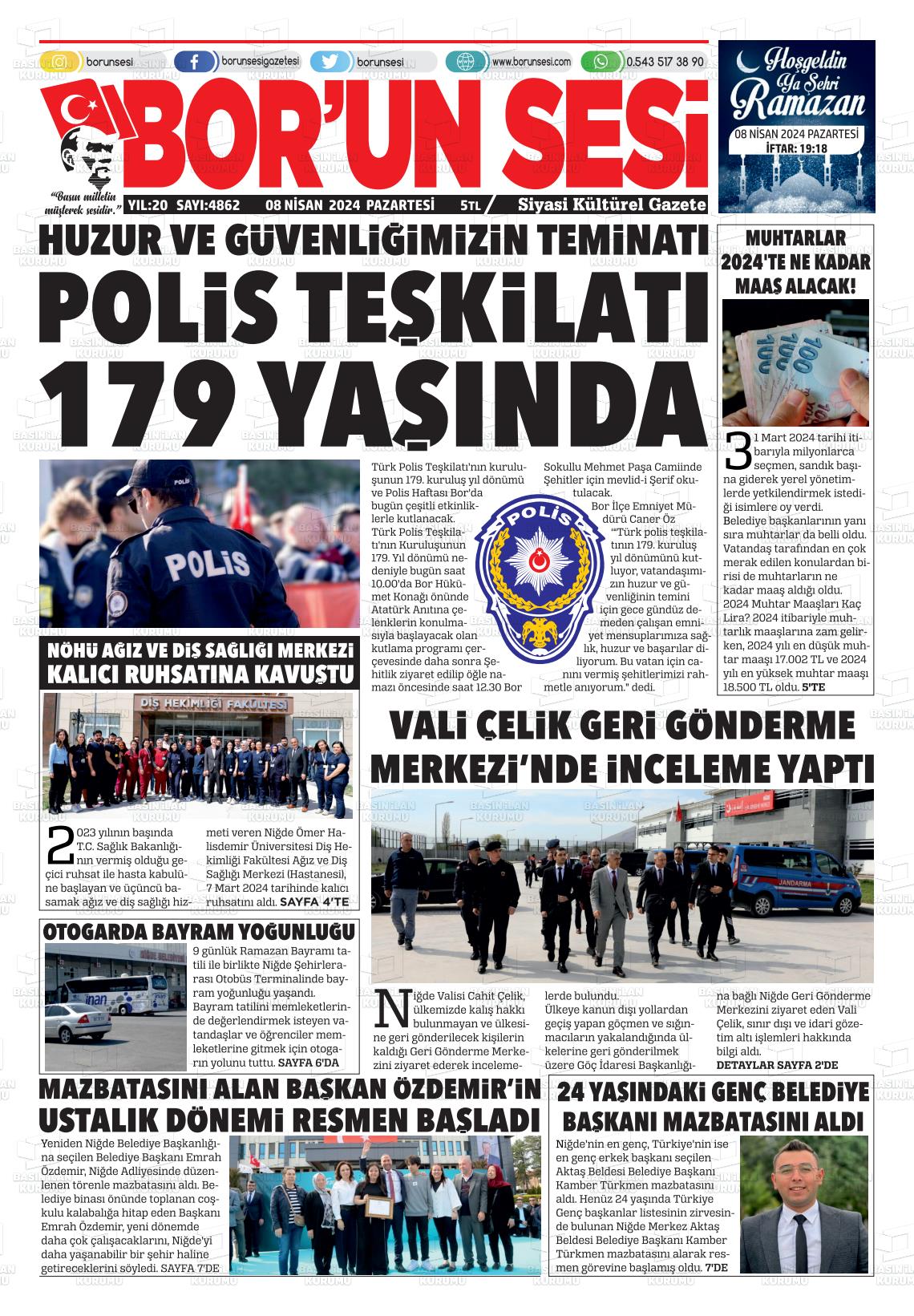 08 Nisan 2024 Bor'un Sesi Gazete Manşeti