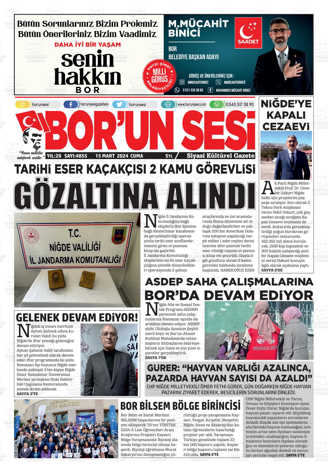 15 Mart 2024 Bor'un Sesi Gazete Manşeti