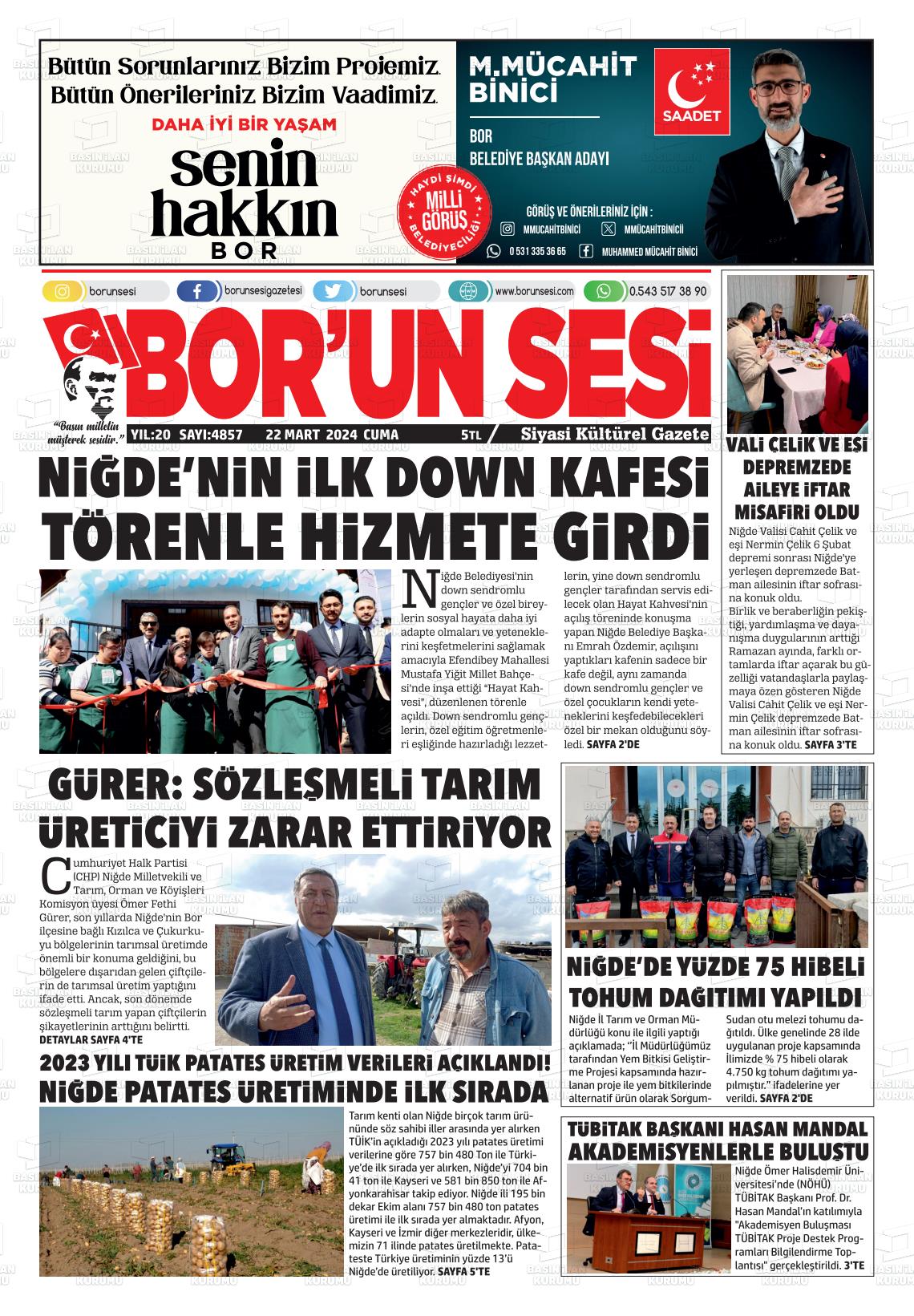 22 Mart 2024 Bor'un Sesi Gazete Manşeti