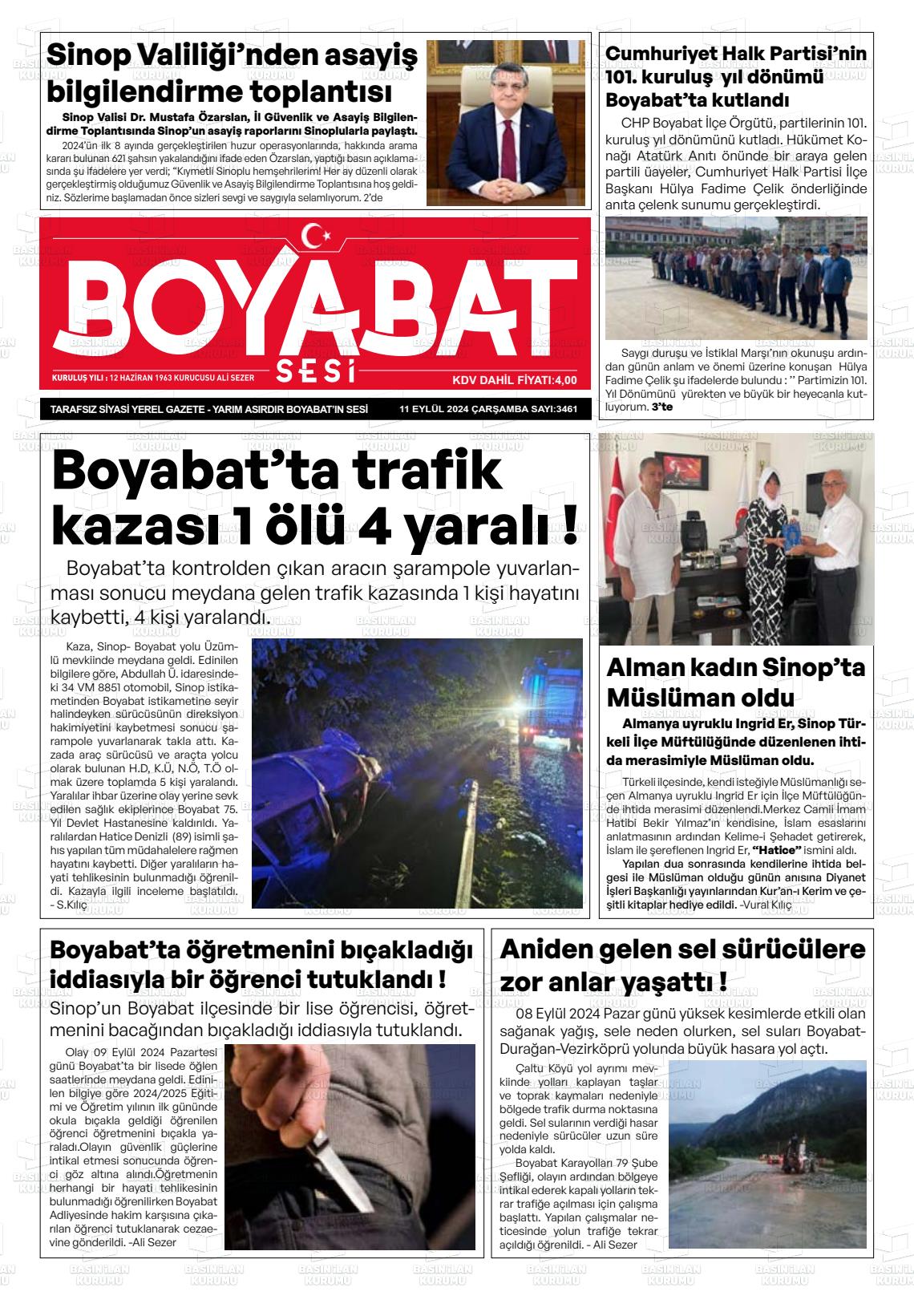 11 Eylül 2024 Boyabat Sesi Gazete Manşeti