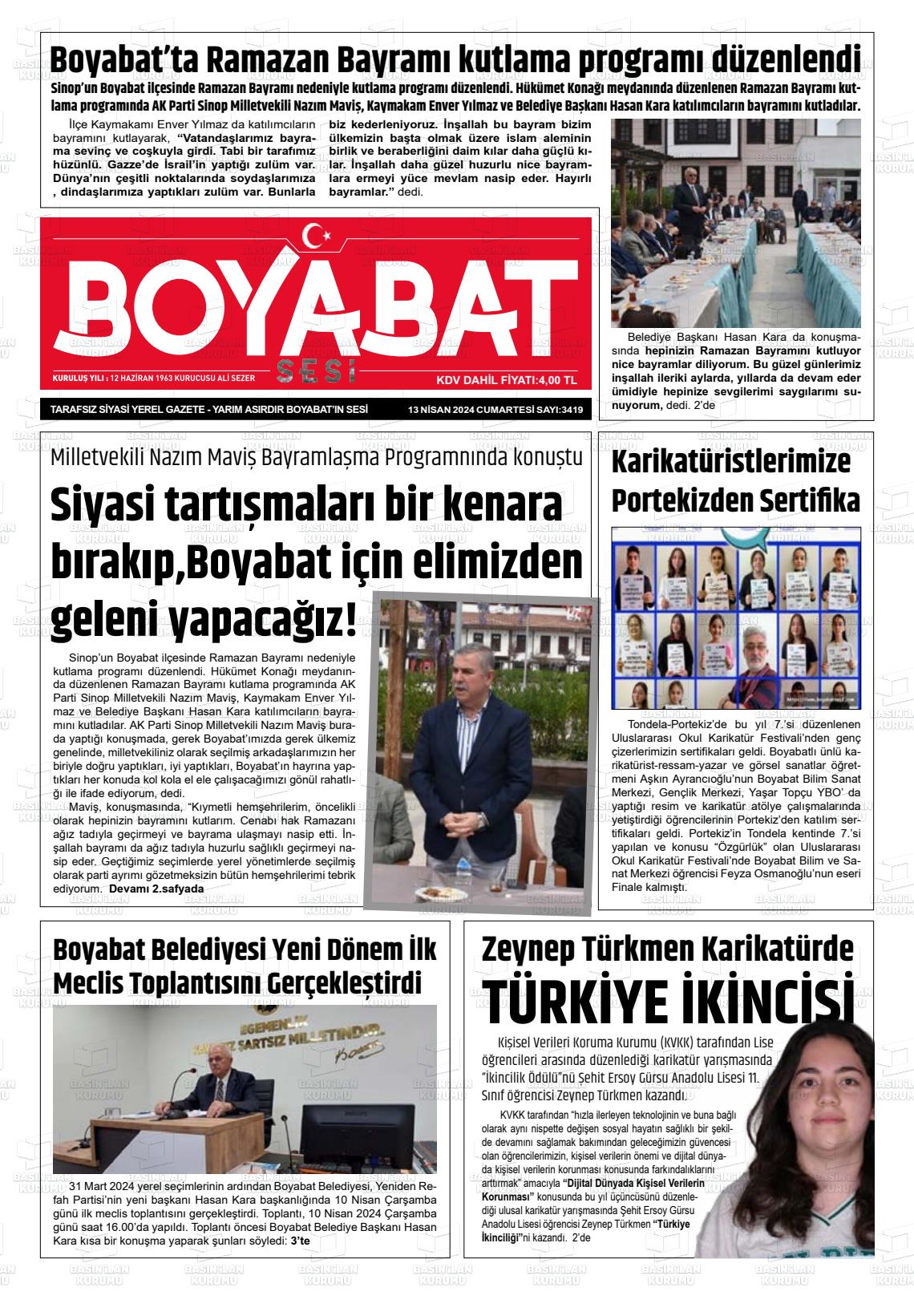 13 Nisan 2024 Boyabat Sesi Gazete Manşeti