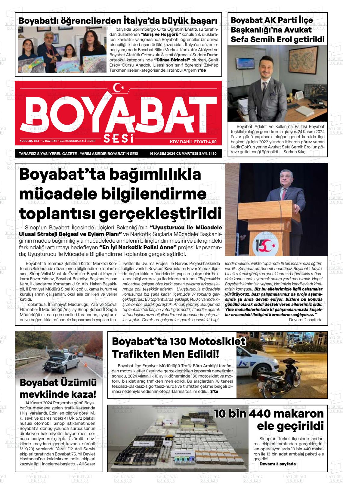 16 Kasım 2024 Boyabat Sesi Gazete Manşeti