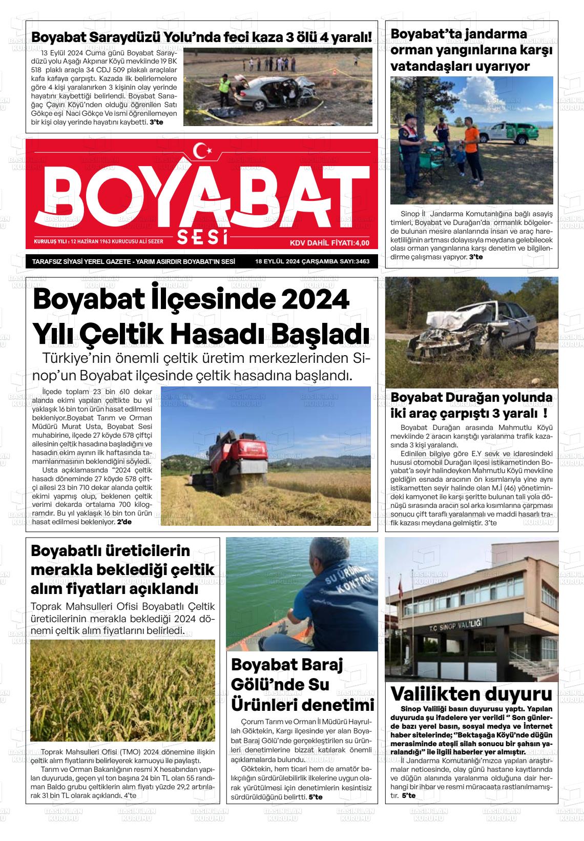 18 Eylül 2024 Boyabat Sesi Gazete Manşeti