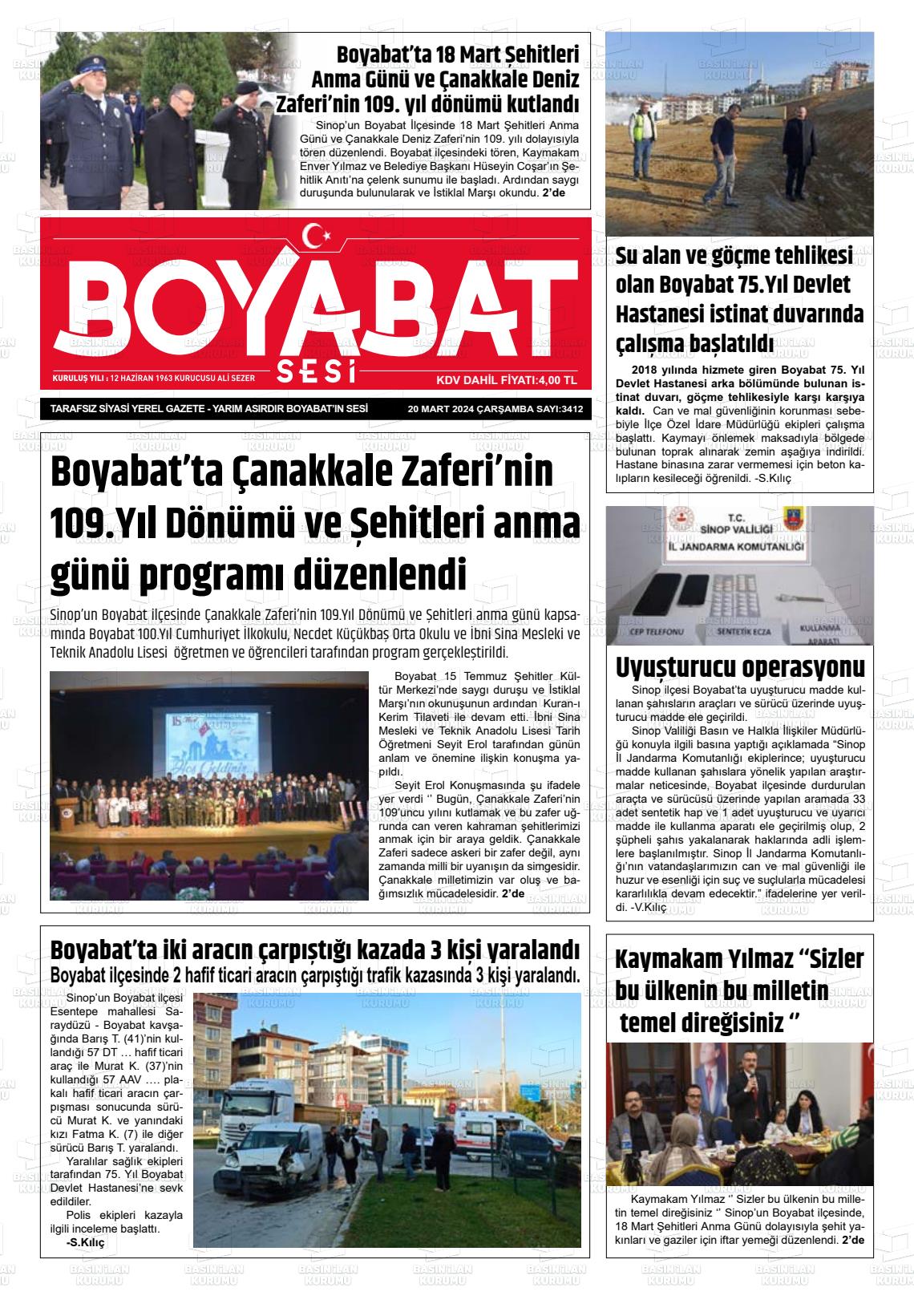 20 Mart 2024 Boyabat Sesi Gazete Manşeti