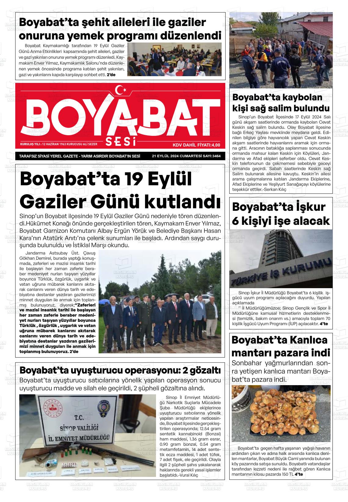 21 Eylül 2024 Boyabat Sesi Gazete Manşeti