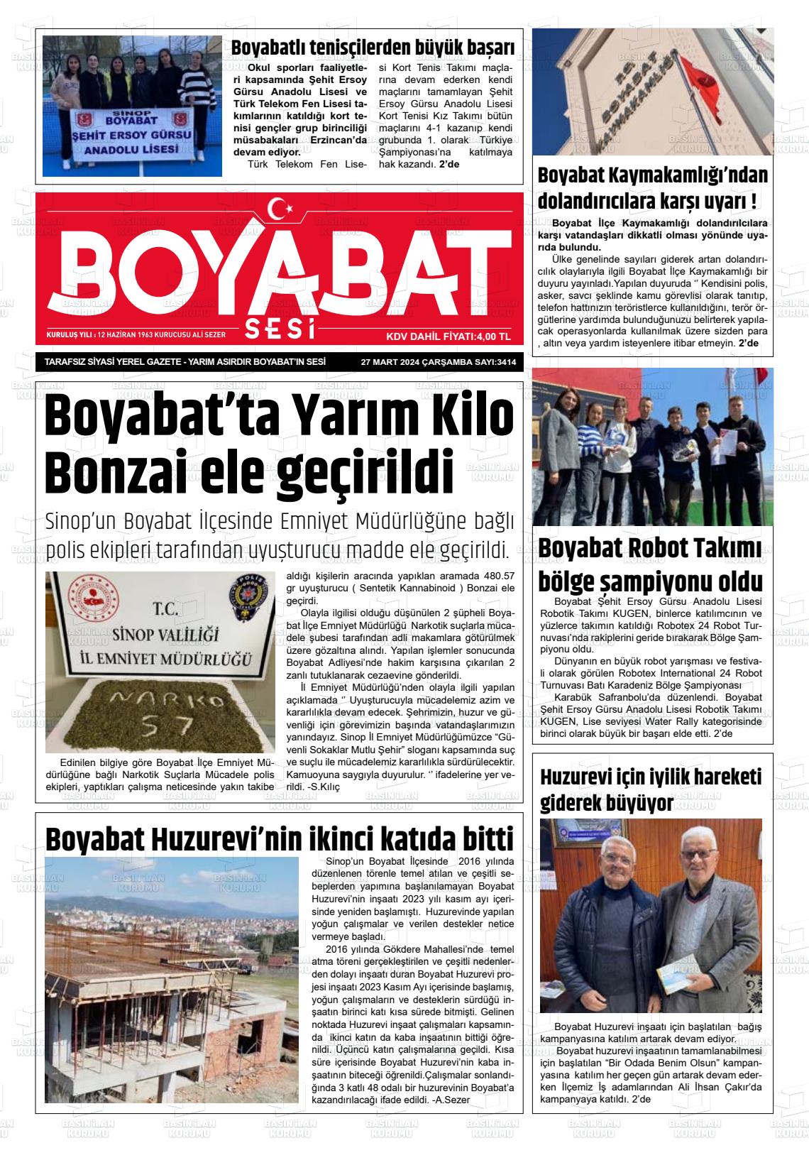 27 Mart 2024 Boyabat Sesi Gazete Manşeti