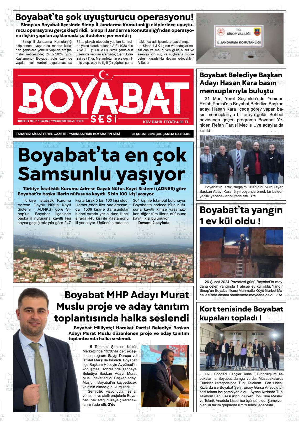 28 Şubat 2024 Boyabat Sesi Gazete Manşeti