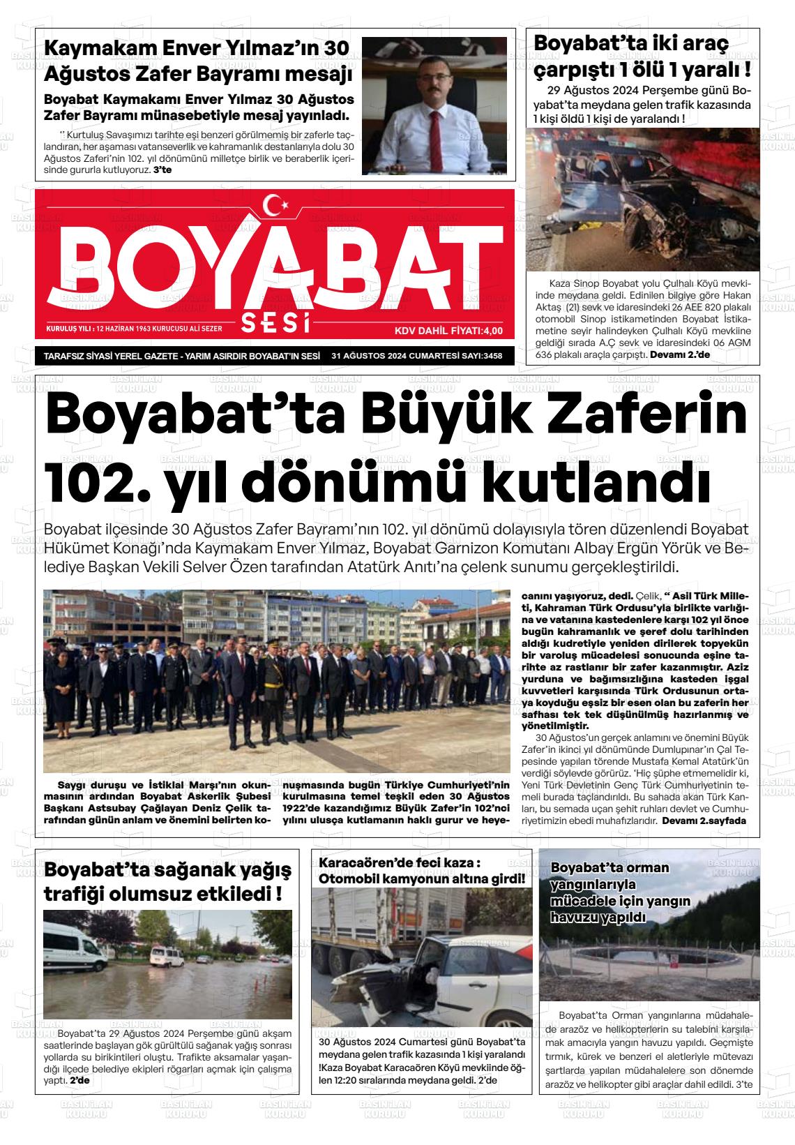 31 Ağustos 2024 Boyabat Sesi Gazete Manşeti