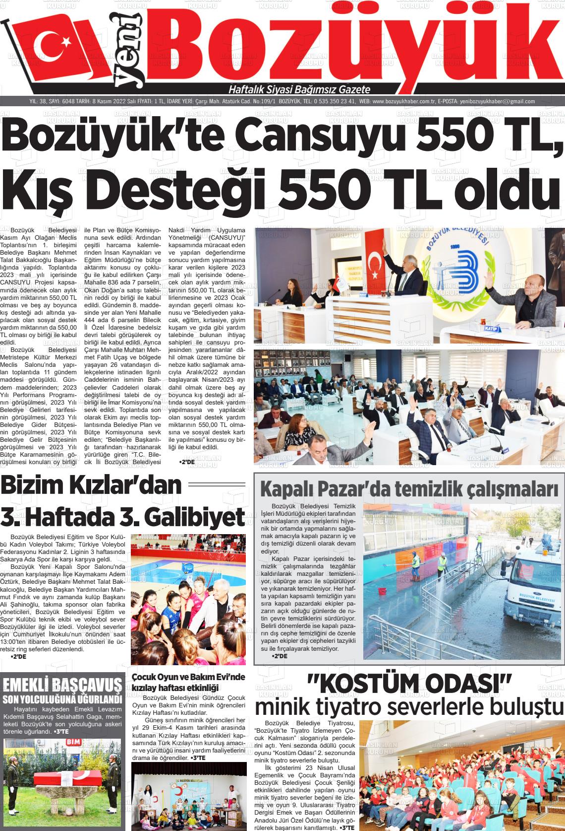 08 Kasım 2022 Yeni Bozüyük Gazete Manşeti