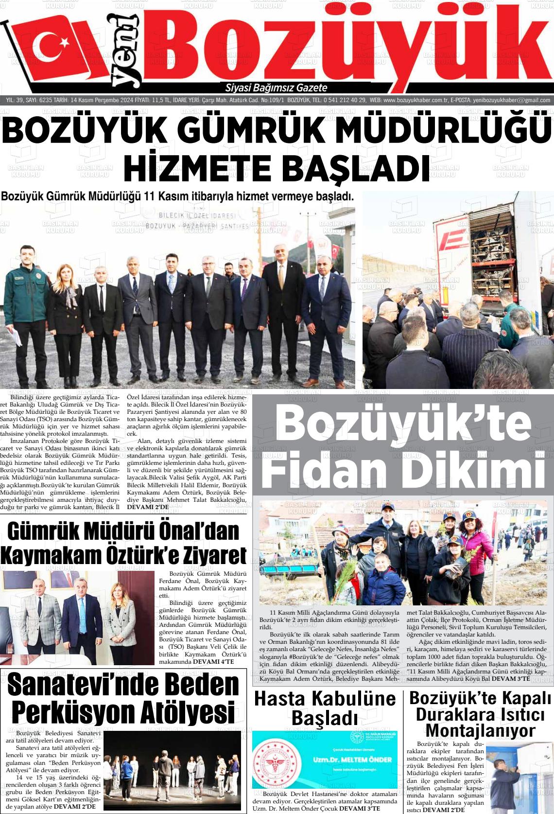 14 Kasım 2024 Yeni Bozüyük Gazete Manşeti