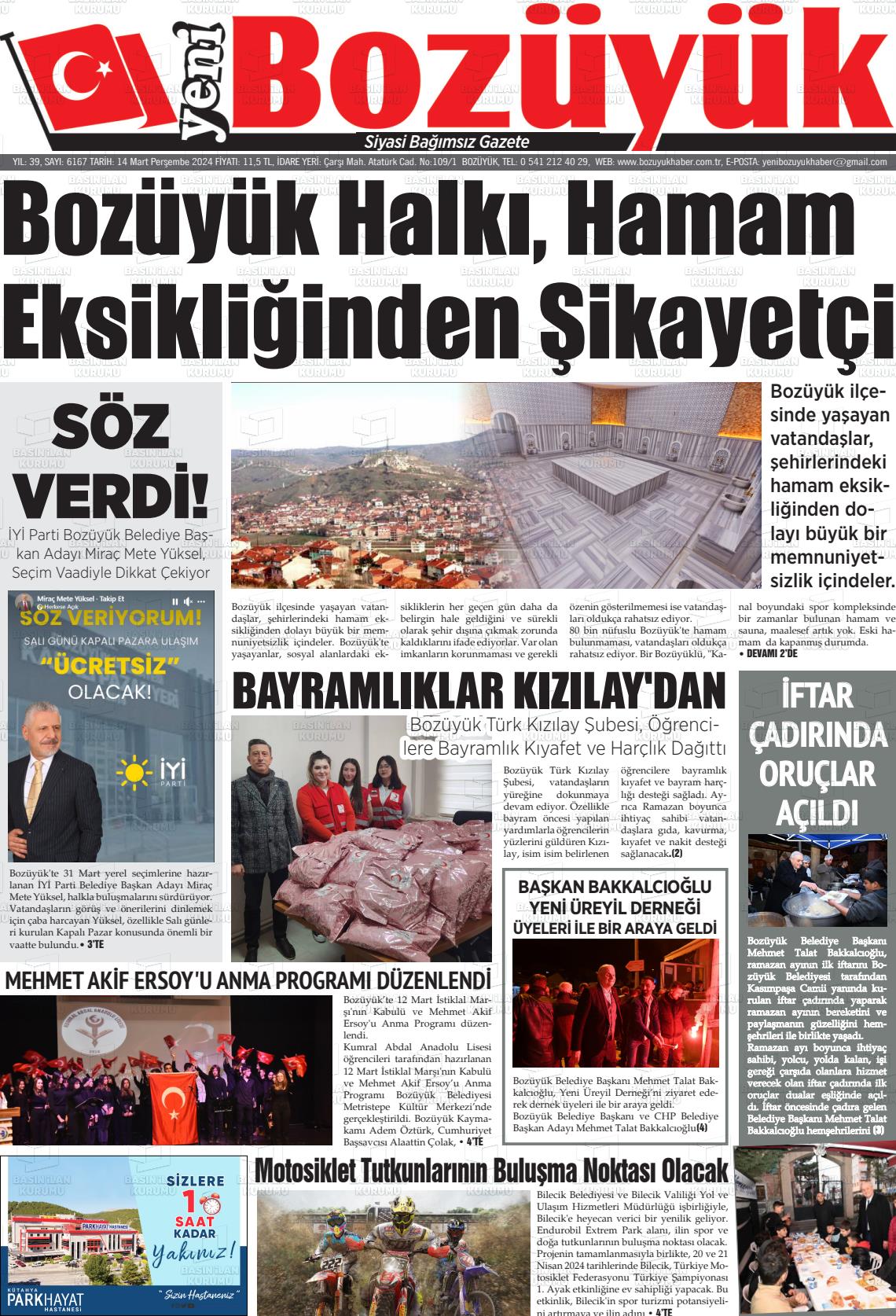 14 Mart 2024 Yeni Bozüyük Gazete Manşeti