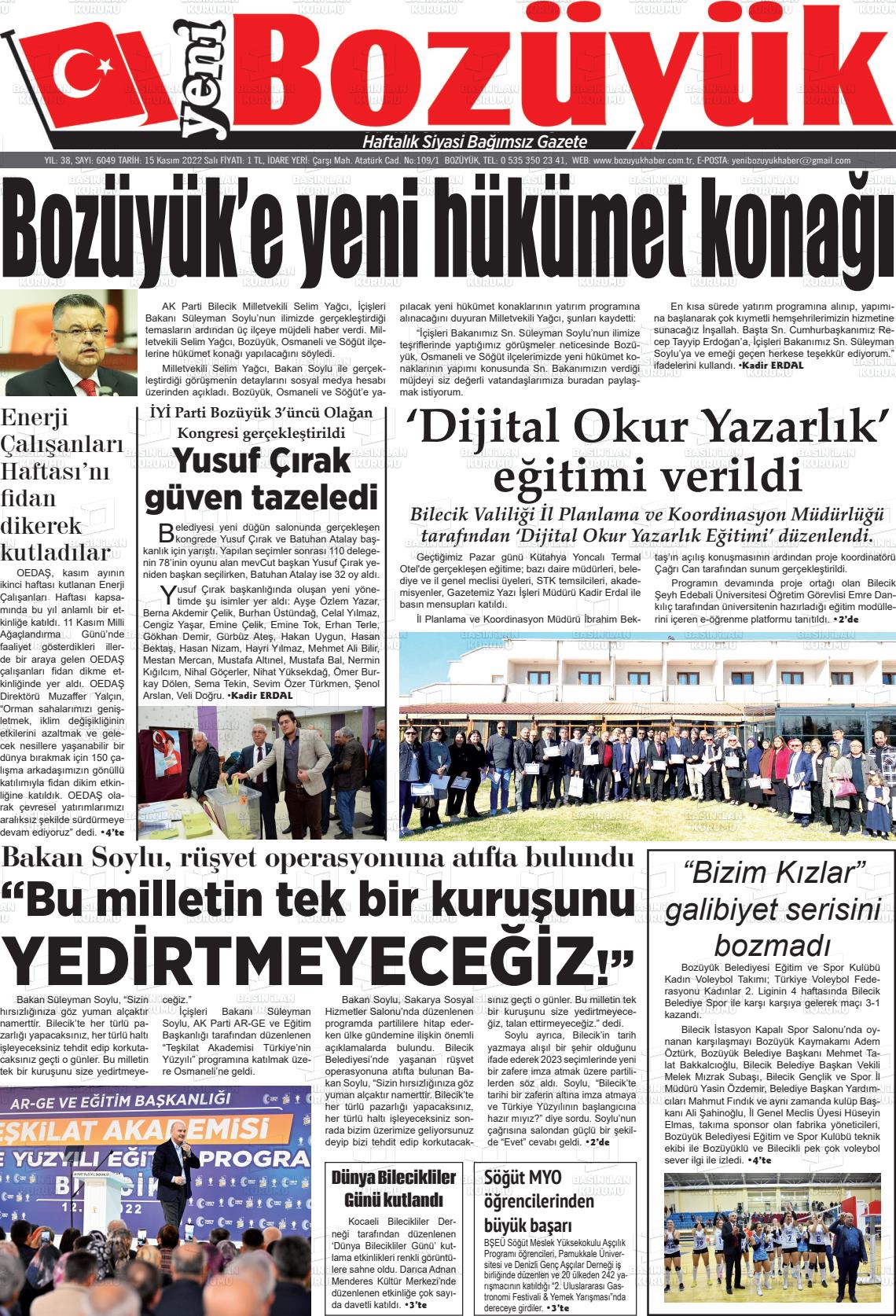 15 Kasım 2022 Yeni Bozüyük Gazete Manşeti